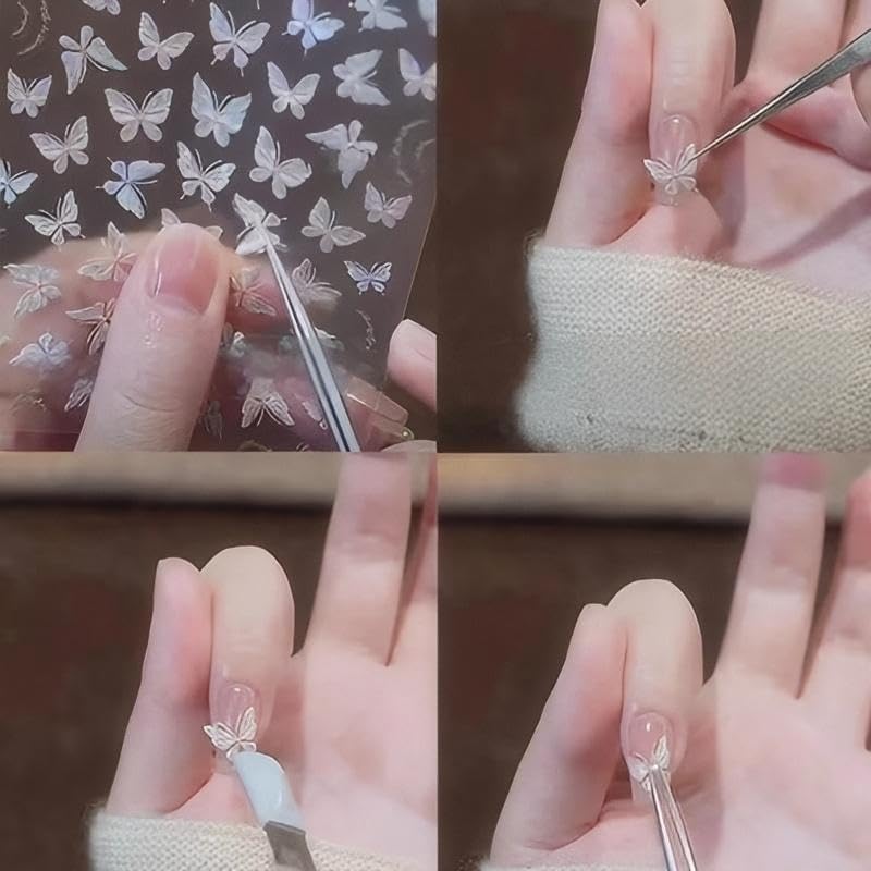 4 Sheets White Nail Art Stickers Decals Bow-tie Butterfly Nail Stickers 3D Self Adhesive with Pearls Nail Decals Supplies Nail Art Design Decoration Accessories for Women and Girls