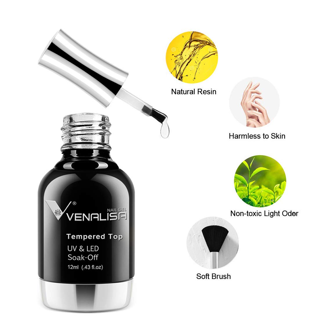 VENALISA 12ML No Wipe Tempered Top Coat, Scratch Resistant Long Lasting High Gloss Soak Off Clear Gel Nail Polish Top Coat 0.43 OZ