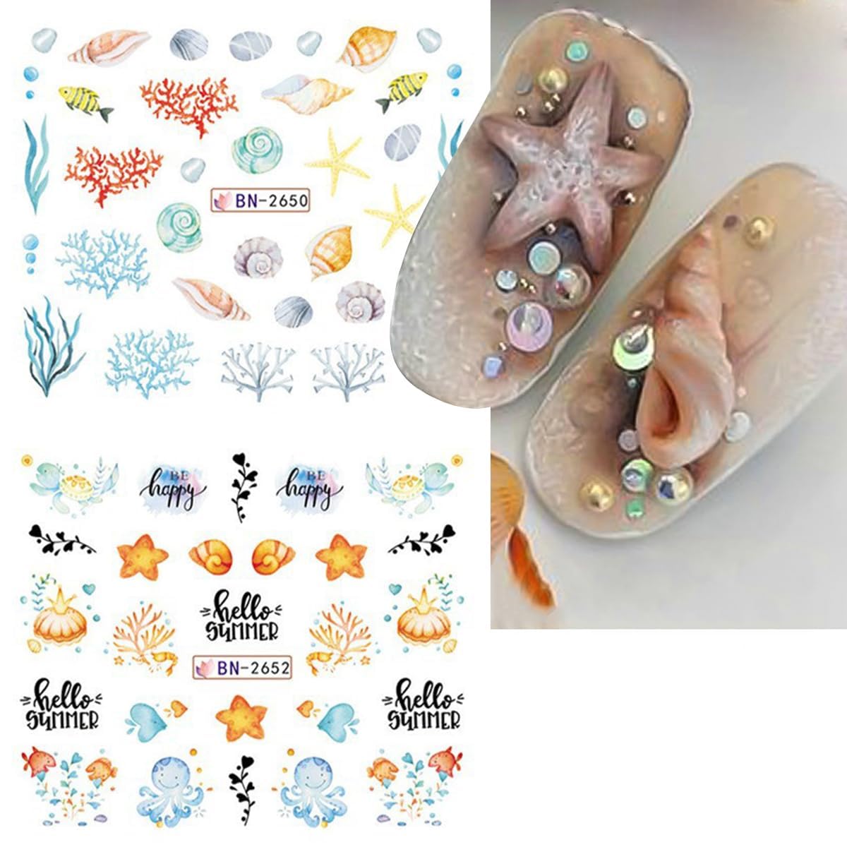 Summer Nail Art Stickers 12 Sheets Seashell Starfish Water Transfer Foils Decals Jellyfish Shells Sea Turtles Seahorses Design Acrylic Ocean Theme Supplies for Women DIY Decor