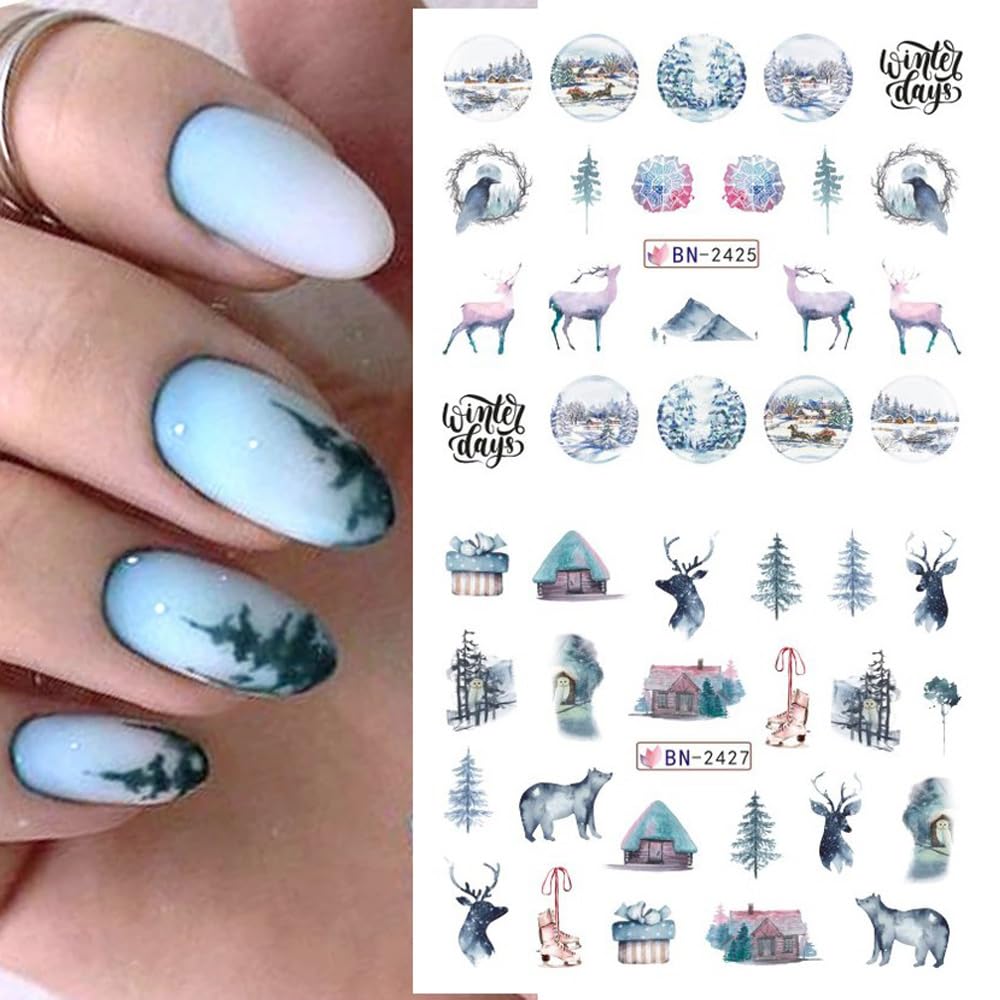 Christmas Nail Art Stickers Snowflake Water Transfer Nail Decals Winter Snow Flake Elk Cold Ice Bear Tree Nail Design Stickers for Nail Art Acrylic Watermark Nail Foils for Christmas Nail Decor 12Pcs
