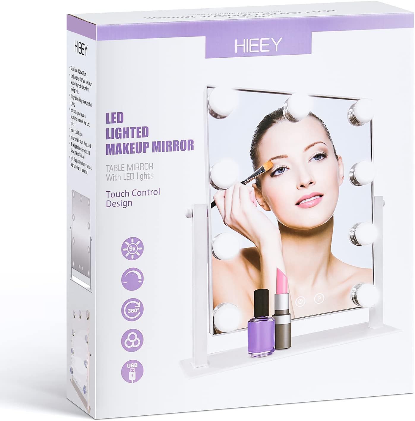 HIEEY Hollywood Vanity Mirror with Lights, Makeup 9 Dimmable Bulbs Three Color Lighting Modes, and 5X Magnification Mirror, Smart Touch Control, 360°Rotation (White)