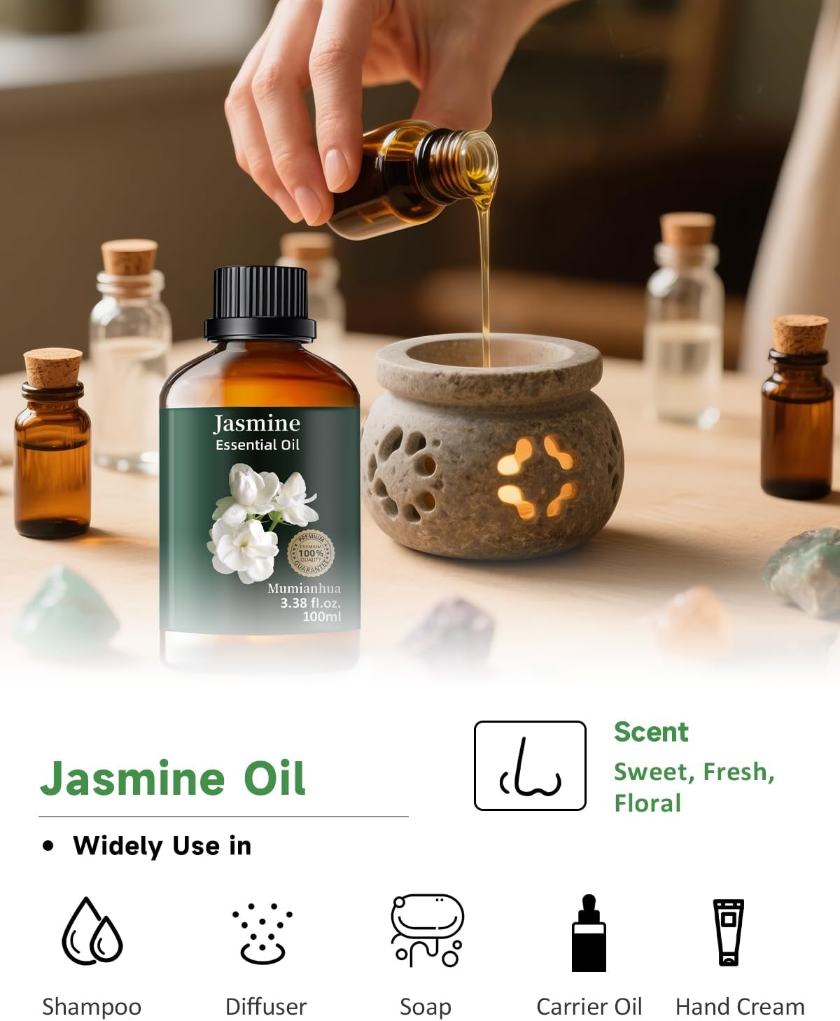 Mumianhua 100% Pure Jasmine Essential Oil Natural Jasmine Oil for Diffuser, Perfume, Shampoo, Aromatherapy, Cleaning, Skin, Hair, Massages, Relax,Candle Making 3.38 Fl Oz