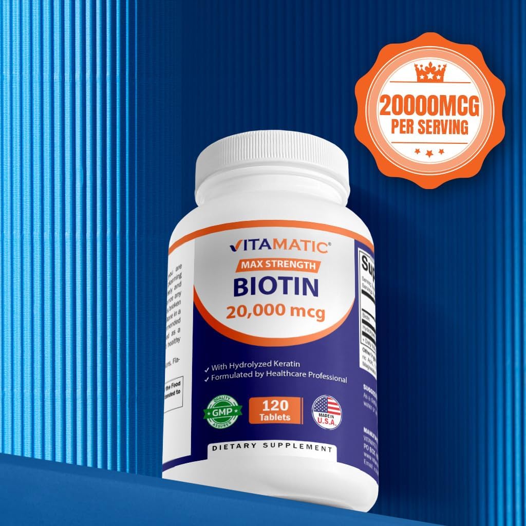 Vitamatic High Potency Biotin 20000 mcg (20mg) with Keratin 100mg - 120 Vegetarian Tablets - Biotin Supplements for Healthy Hair Skin & Nails for Adults (120 Count (Pack of 3))