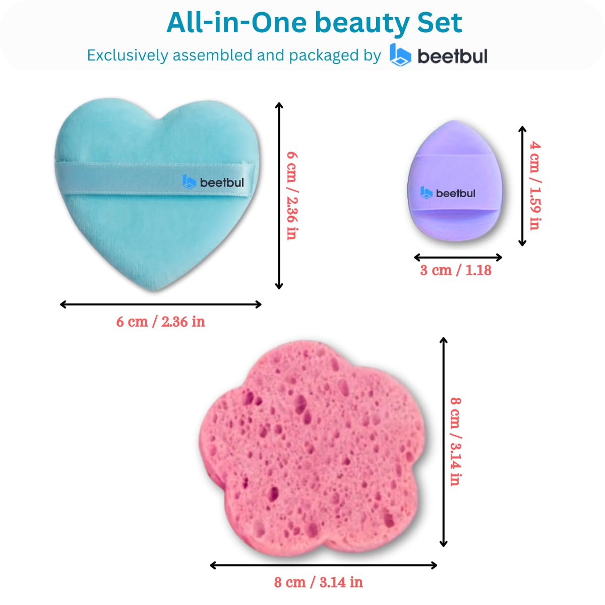 Beetbul Makeup & Exfoliation Kit - Bissú Compact Powder + 1 Medium Velvet Puff + 2 Finger Puffs + 1 Facial Exfoliating Sponge (08 Wheat, One Size)