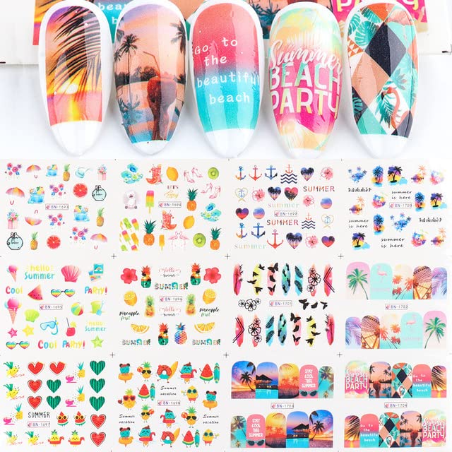 Summer Nail Art Stickers Decals, 12 Sheets of Fruit Hawaii Design Water Transfer Nail Slider Tattoos Holographic Colorful Pineapple Watermelon Pattern Acrylic Nail Art for Summer DIY Nail Decoration