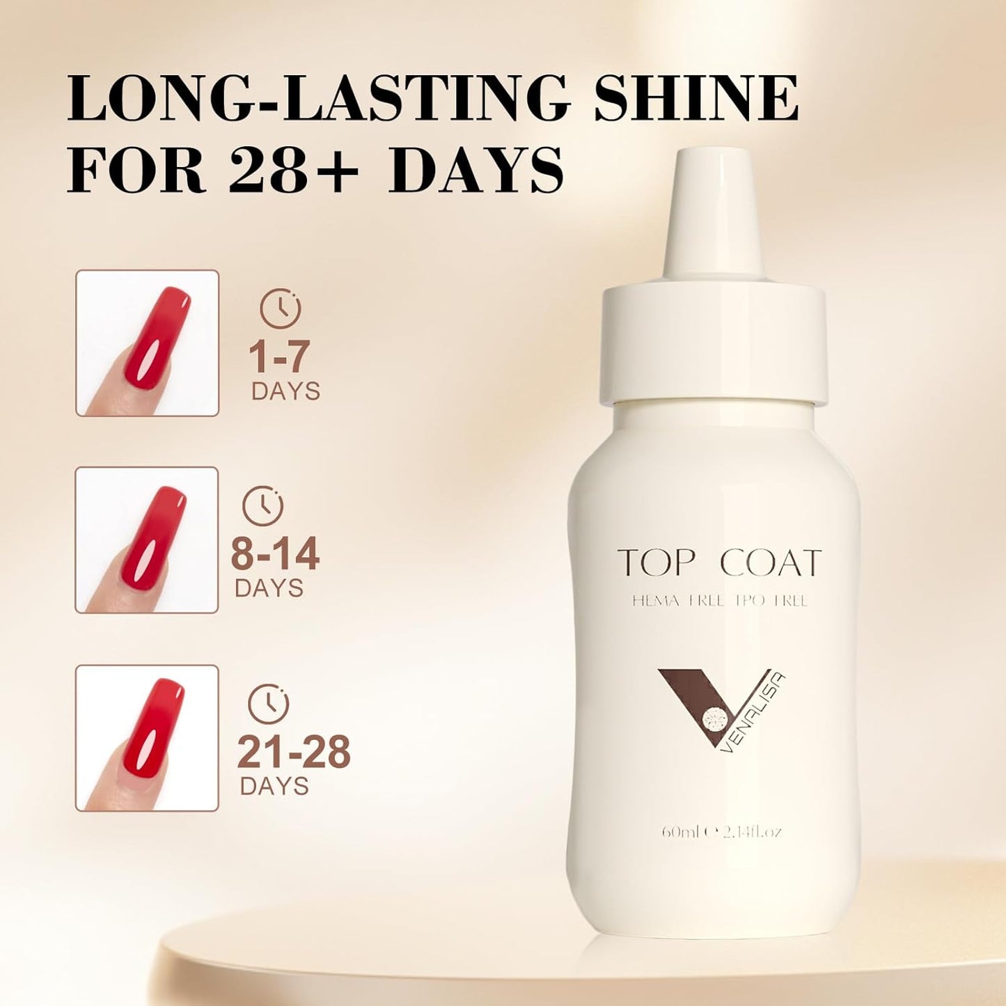 VENALISA 60 ML No Wipe Gel Top Coat- High Gloss Shiny Long Lasting Top Coat Clear Gel Nail Polish, Soak Off Nail Art Home and Professional Manicure