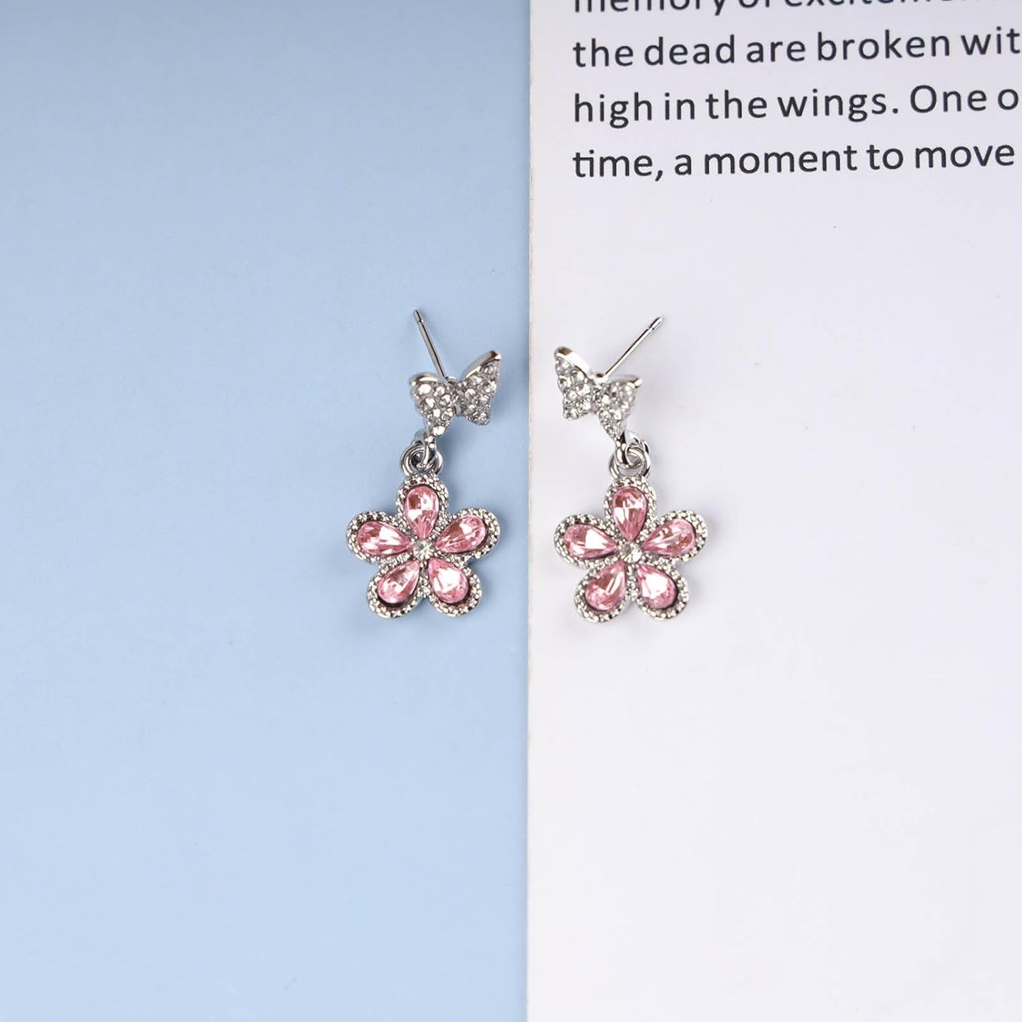 Vintage Pink Crystal Flower Earrings Butterfly Flower Drop Earrings Silver Rhinestone Butterfly Stud Earrings Pink Gemstone Butterfly Earrings Jewelry for Women