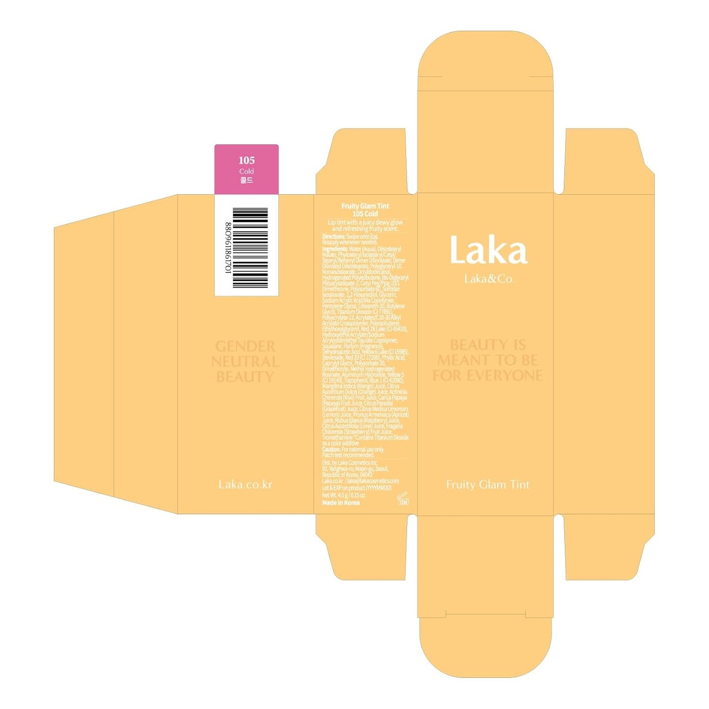 Laka Fruity Glam Tint, 4.5g/0.15 oz., Glowing Lip Stain with Wide Color Spectrum, Hydrating & Lightweight Texture, Long-Lasting Bold Stain, Non-Sticky, Vegan, K-Beauty (#105 Cold)