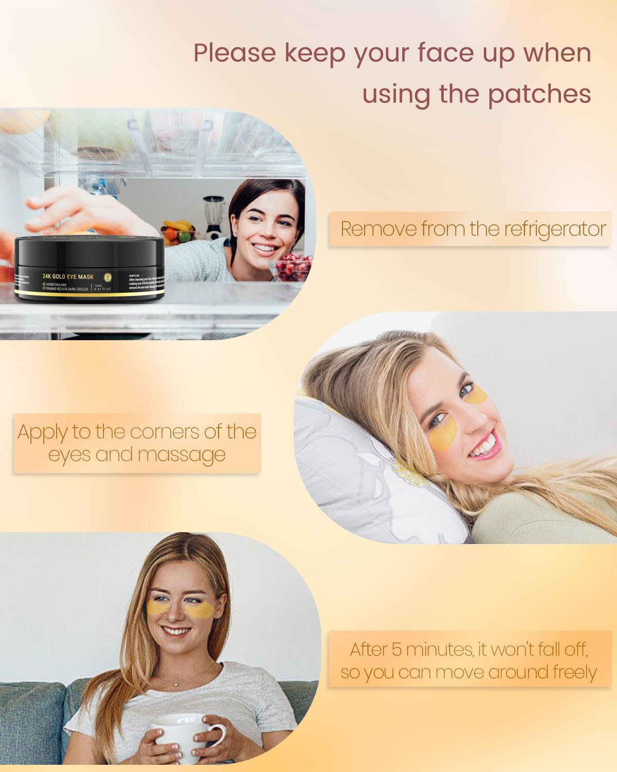 24K Gold Under-Eye Patches, 120 Pcs Collagen Serum Eye Mask Pads, for Bags/Anti-Aging/Wrinkles/Rejuvenation/Hydration, Cooling & Soothing the Skin, Relieving Fatigue, 12.7 Fl Oz, 2 Pack