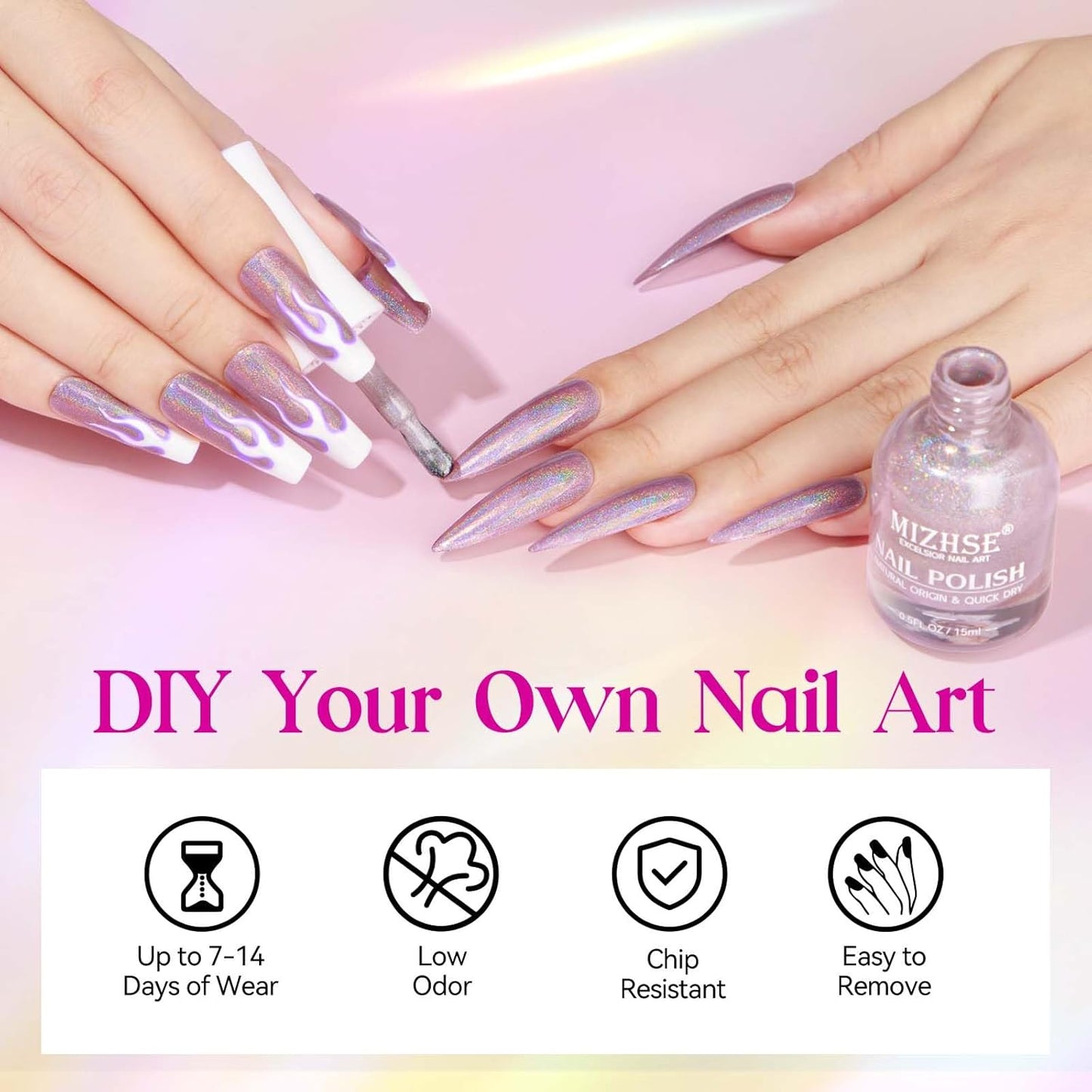 MIZHSE Holographic Nail Polish, Light Purple Glitter Nail Polish Air Dry Fast, 15ml/0.5 fl oz High Glossy Shimmer Nail Pigment Laser Oil-based Nail Lacquer Chrome Halo Nail Art Salon Manicure at Home