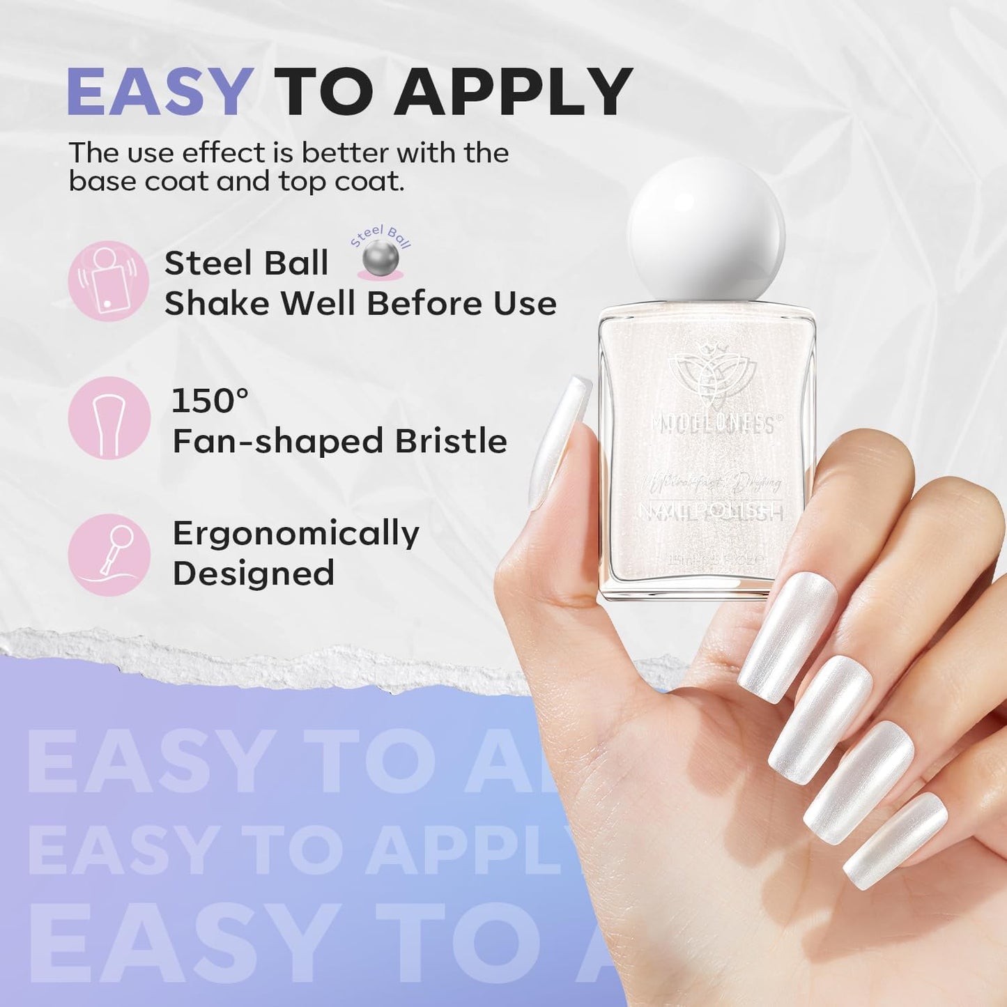 modelones Pearl White Nail Polish, Shimmer Glitter White 15 ml Quick Dry Nail Lacquer Strengthener Long Last Shine Fingernail Toe Nail Art DIY Home Travel Manicure Gift for Women Girls 0.5 Fl Oz