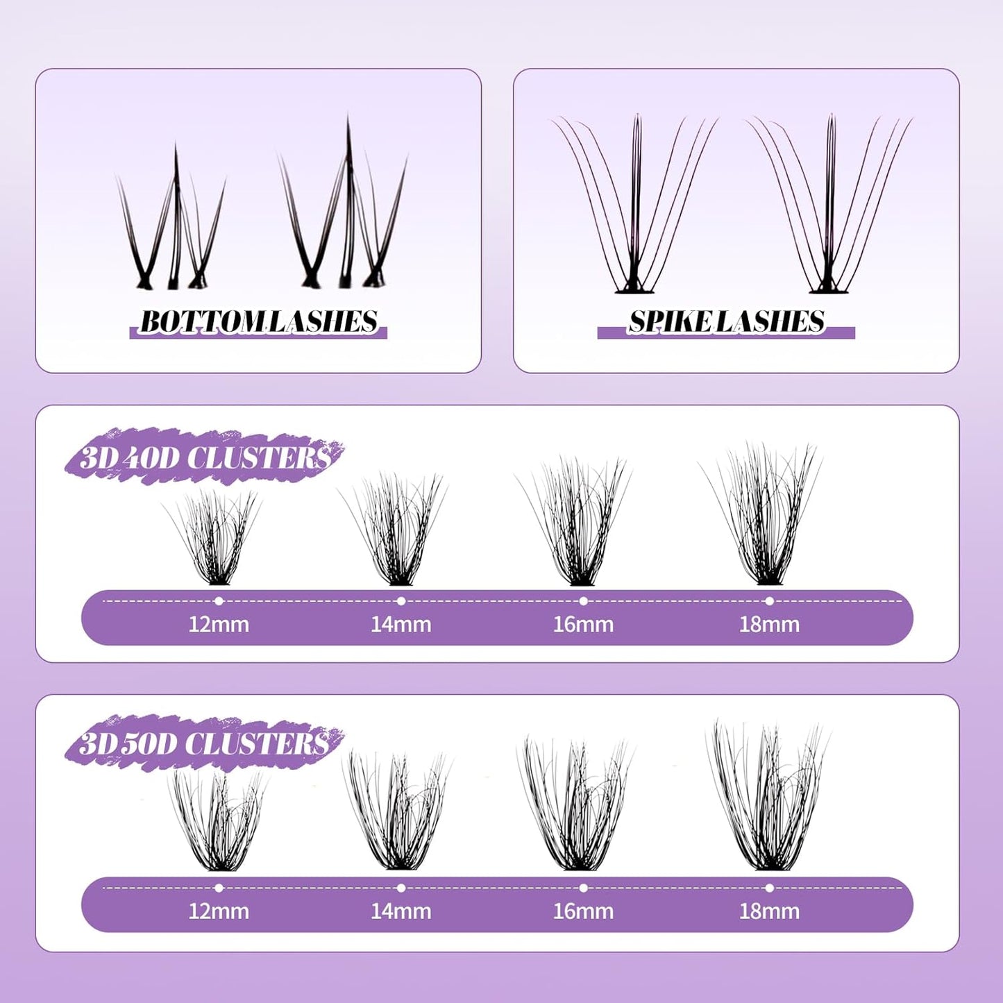 Lash Clusters With Bottom Lashes 40/50D C/D Curl 12-18mm Multi-types Individual Clusters Eyelash Extensions, Spike, Wispy Lash clusters(40/50D-3D)