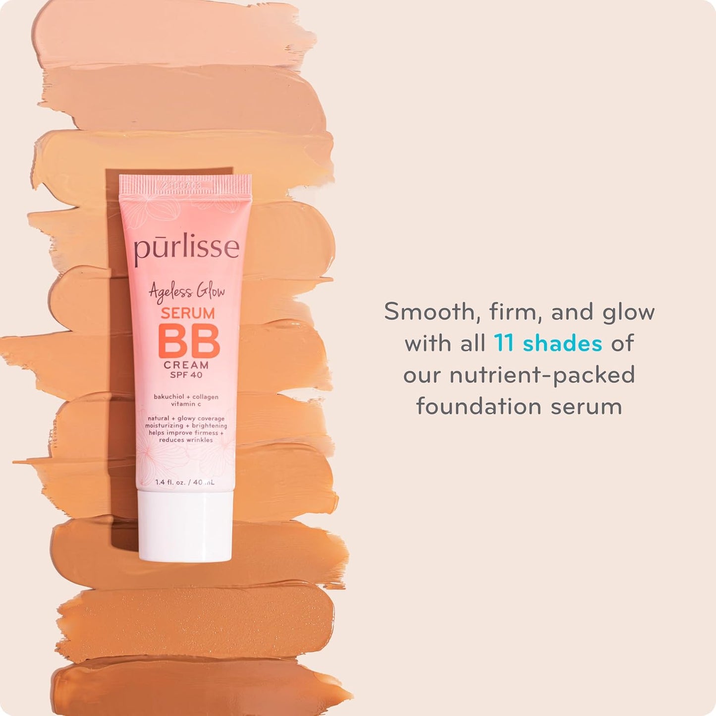 pūrlisse Ageless Glow Serum BB Cream SPF 40 - Glow BB Cream with SPF Enriched with Bakuchiol & Vitamin C to Help Improve Firmness & Reduce Wrinkles for Dewy Skin - Light Warm (1.4 oz)