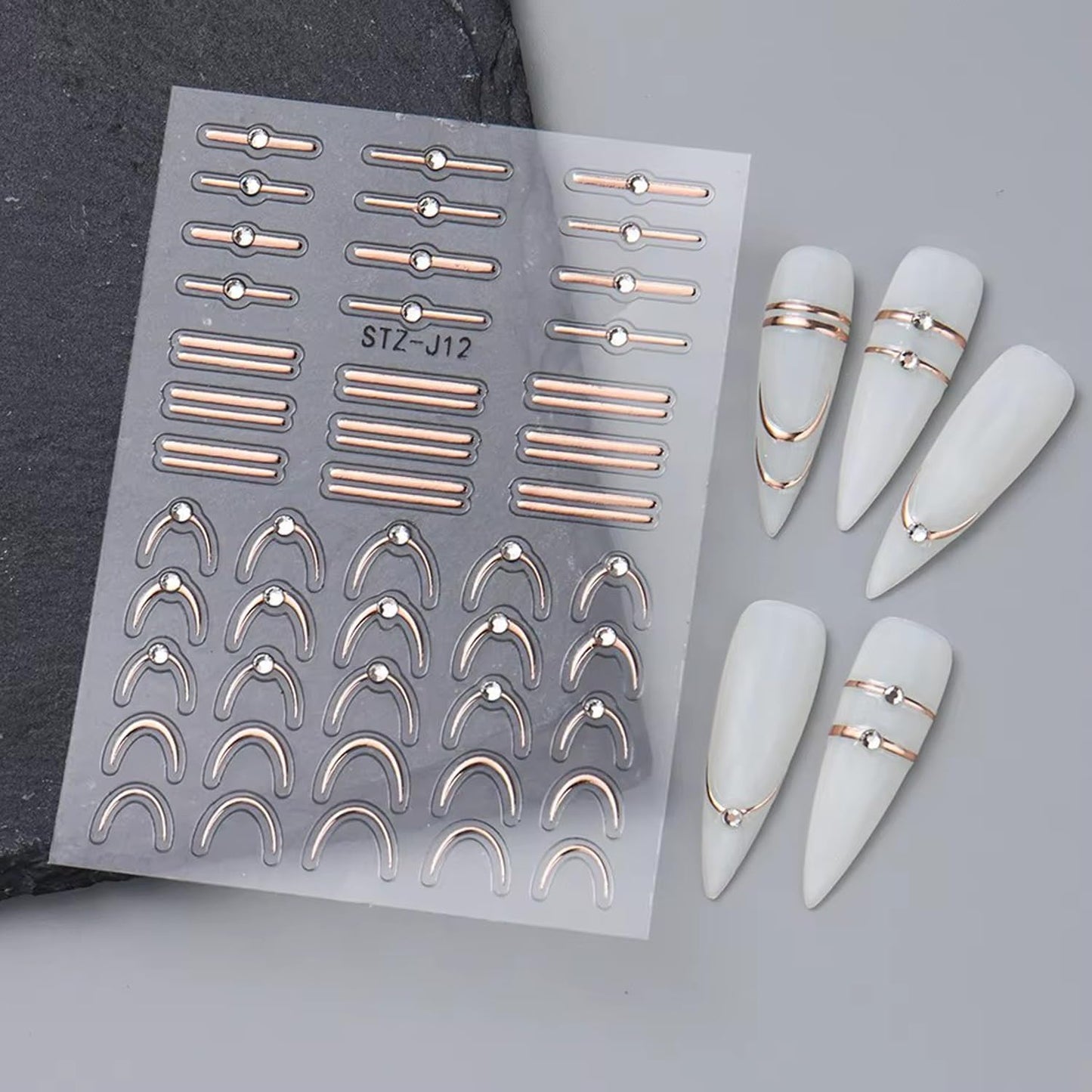 4 Sheets French Stripe Line Nail Stickers with Gold Silver Shiny Crystal Rhinestones,Metallic Stripe Lines Adhesive Design Nail Supplies French Sticker for Women Girls Luxury Manicure Decorations