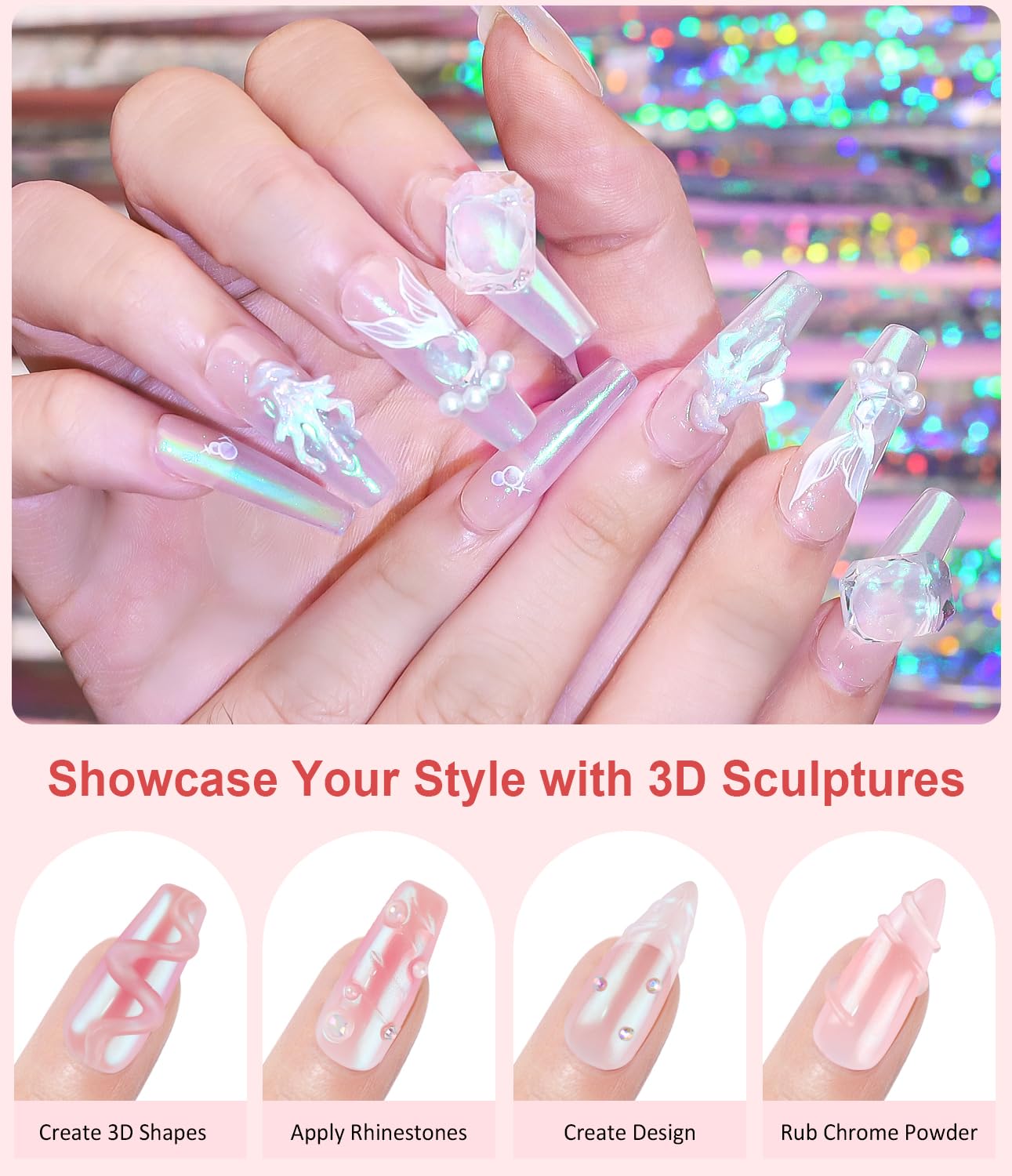 Pearl Chrome Nail Powder BISHENGYF -【Fairy Effect】 Pink Chrome Nail Powder Aurora Mermaid Iridescent White Pearl Clear Nail Chrome Powder, Metallic Mirror Pigment Glitter Dust for Manicure Decoration