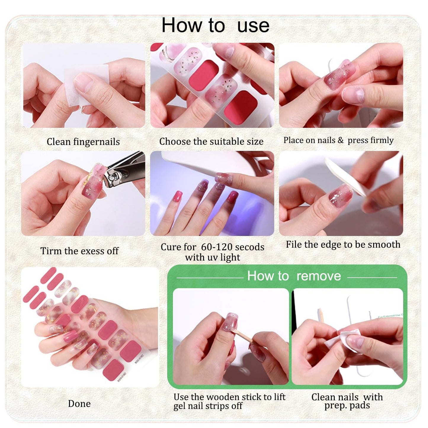 WOKOTO 1 Sheet Semi Cured Gel Nail Strips With Wood Stick, Nail File & Prepared Pads, 20 Tips Shimmery Pink Ombre Semi Cured Nail Polish Strips Stickers, Harden With UV Light Gel Nail Stickers Wraps