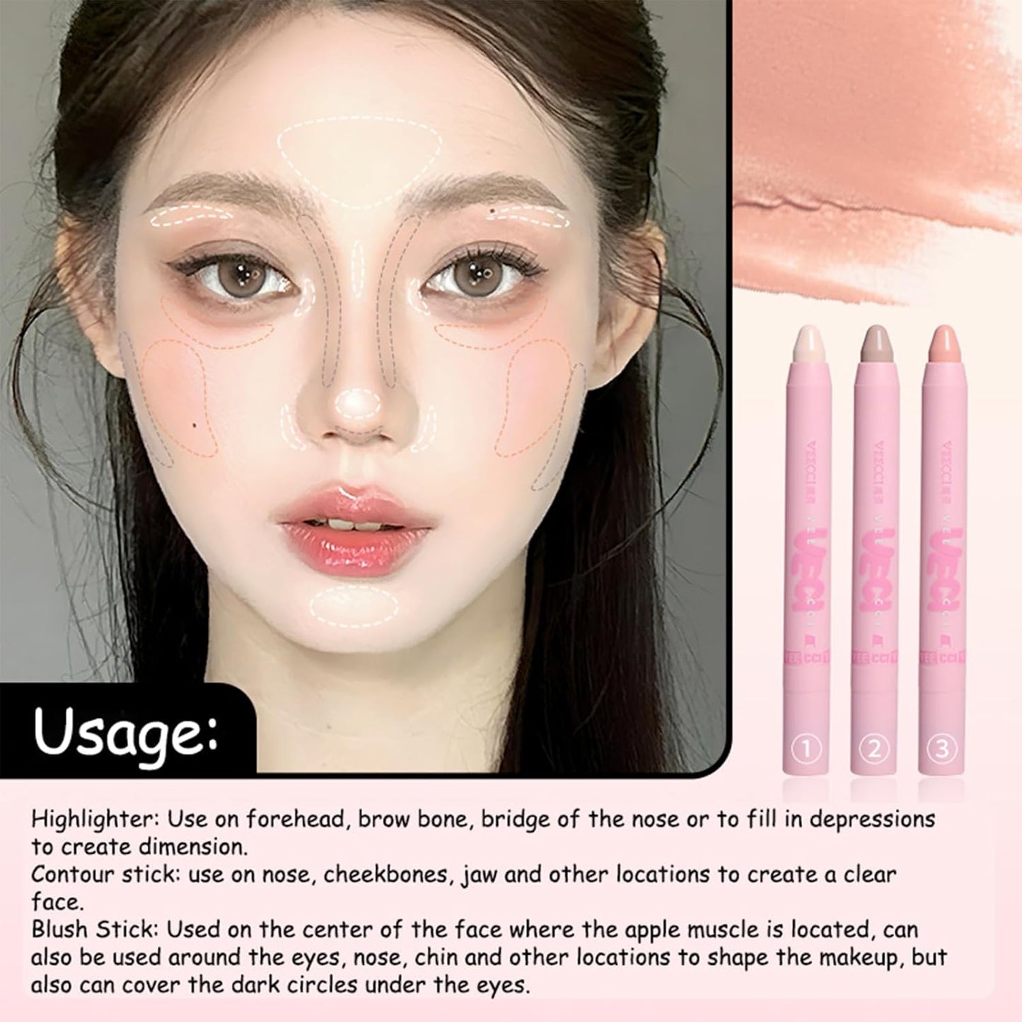 Blush Stick - Precise Makeup Stick with Brush, Moisturizing, Long-lasting Buildable Color for Easy Sculpting, Highly Pigmented Matte Finish, Ideal for Foundation & Concealer