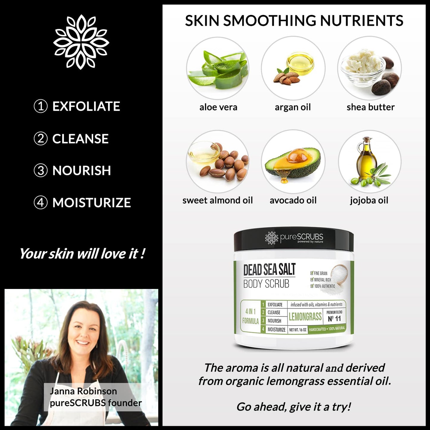 pureSCRUBS Premium Lemongrass Dead Sea Salt Body Exfoliator Scrub, Full Exfoliating Body Scrubber - Large 16oz Jar, Filled With Essential Oils, Includes Spoon, Loofah & Exfoliating Skin Soap