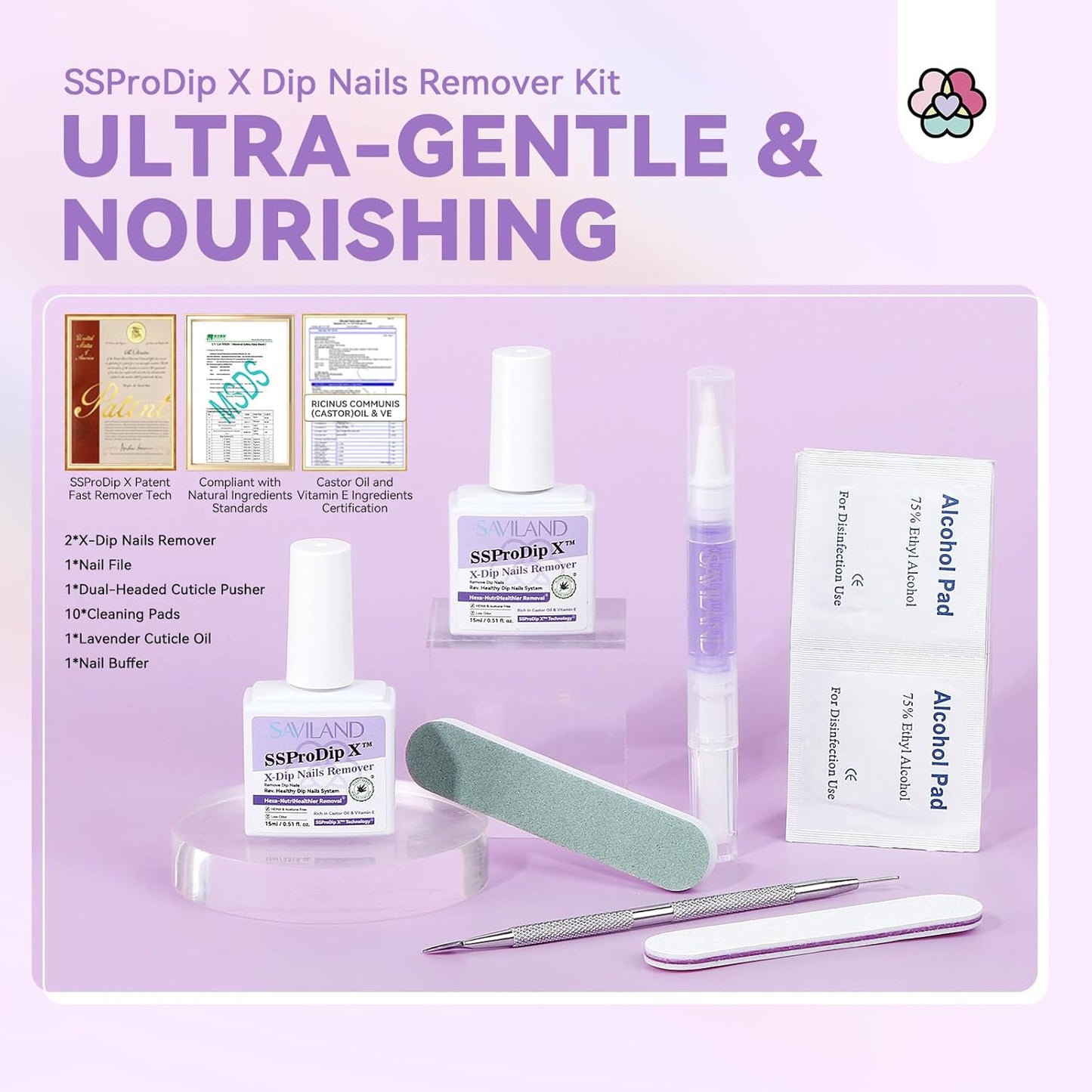 SAVILAND Dip Powder Remover Kit 2Pcs: 15ml Gentle & Safe Dip Nail Remover With Cuticle Oil Nail File Tools No Soak or Wrapping Removal Easy Remove at Home Gift For Women