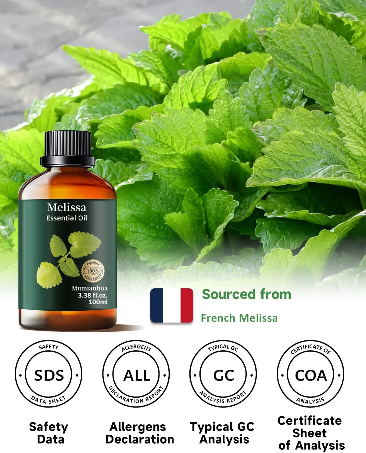 Melissa Essential Oil Pure, Mumianhua Natural Therapeutic Melissa Oil for Skin, Body, Hair Care, Diffuser, Aromatherapy,Candle, Soap, Making, DIY, Massage, Sauna 3.38 Fl Oz