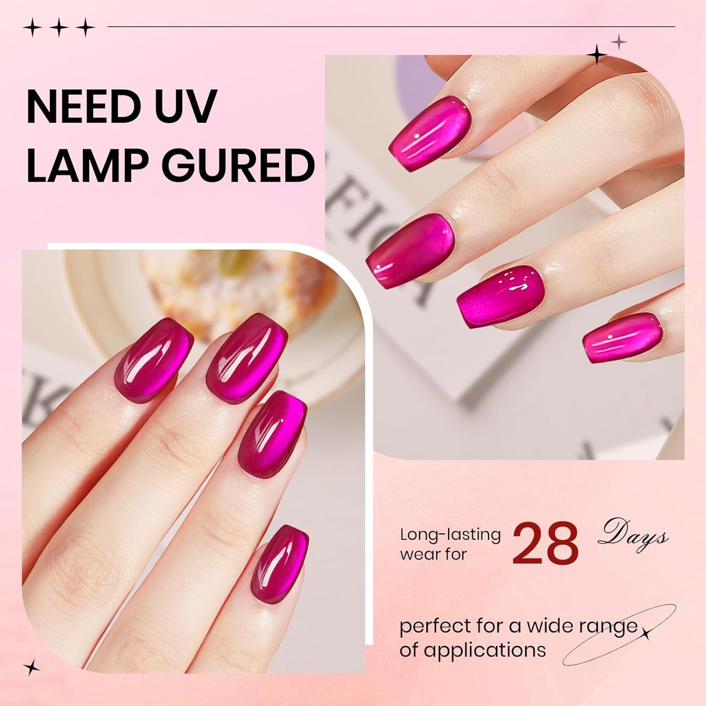 2PCS 15ML Cat Eye Gel Polish, Hot Pink Red Glass Moonlight Cateye Gel Nail Polish with Magnetic Stick Shimmer Glitter Effect Soak Off Salon DIY at Home