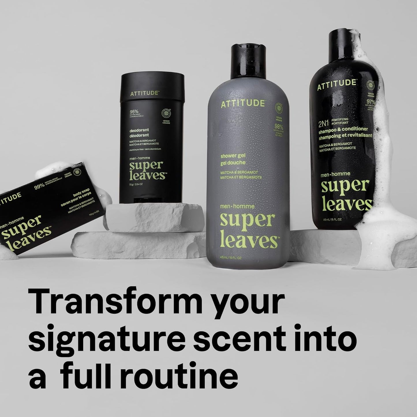 ATTITUDE Men's Shampoo and Conditioner 2-in-1, Fortifying For Fragile Hair, With Caffeine and Green Tea, 97% Natural Origin Ingredients, EWG Verified, Matcha & Bergamot, 14 Fl Oz