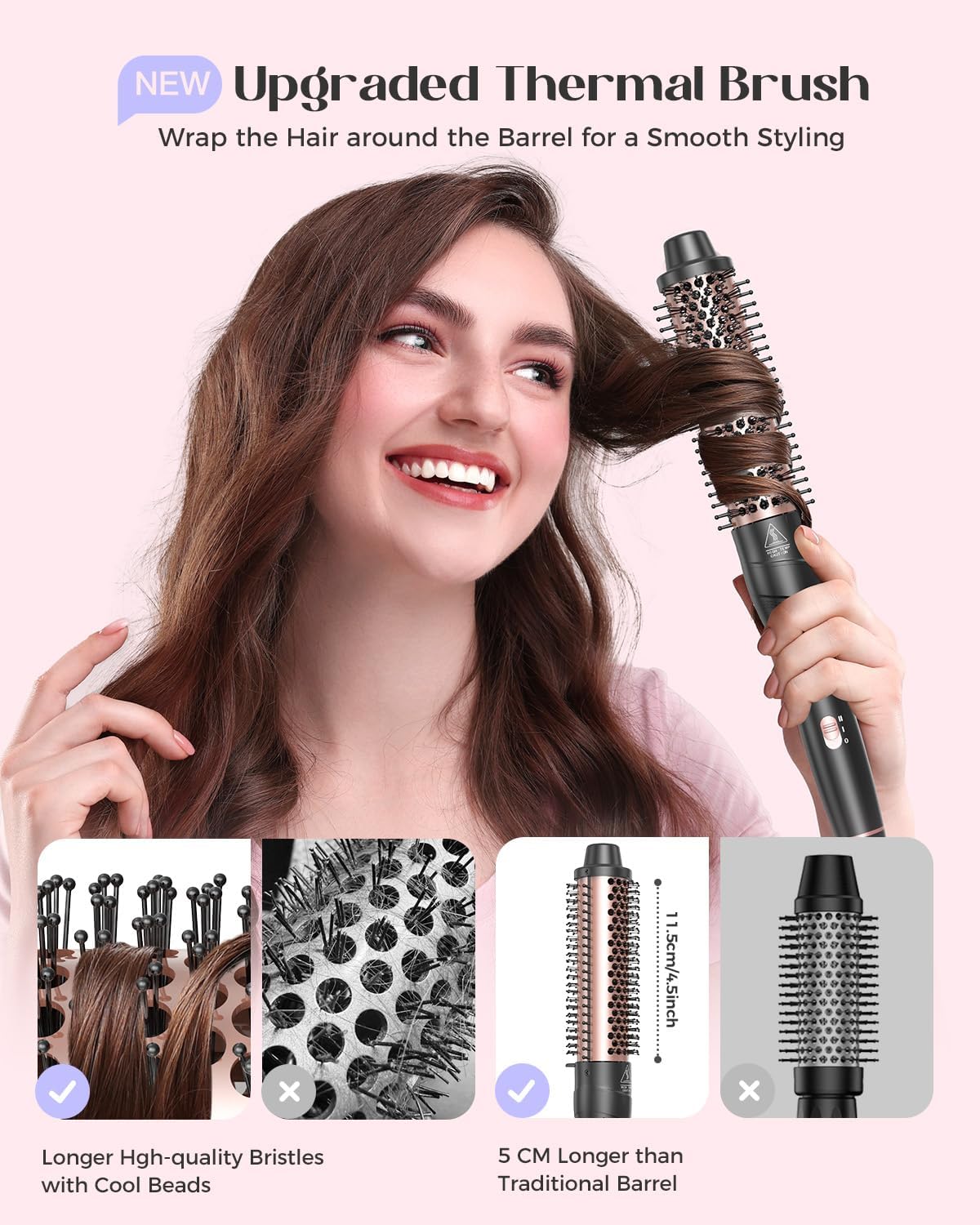 5 in 1 Curling Iron with Thermal Brush and 4 Interchangeable Ceramic Barrels(1/2 to 1 1/2 inch), Curling Wand Set with Flat Iron, Fast Heating, Dual Voltage Hair Curler, Gifts for Women
