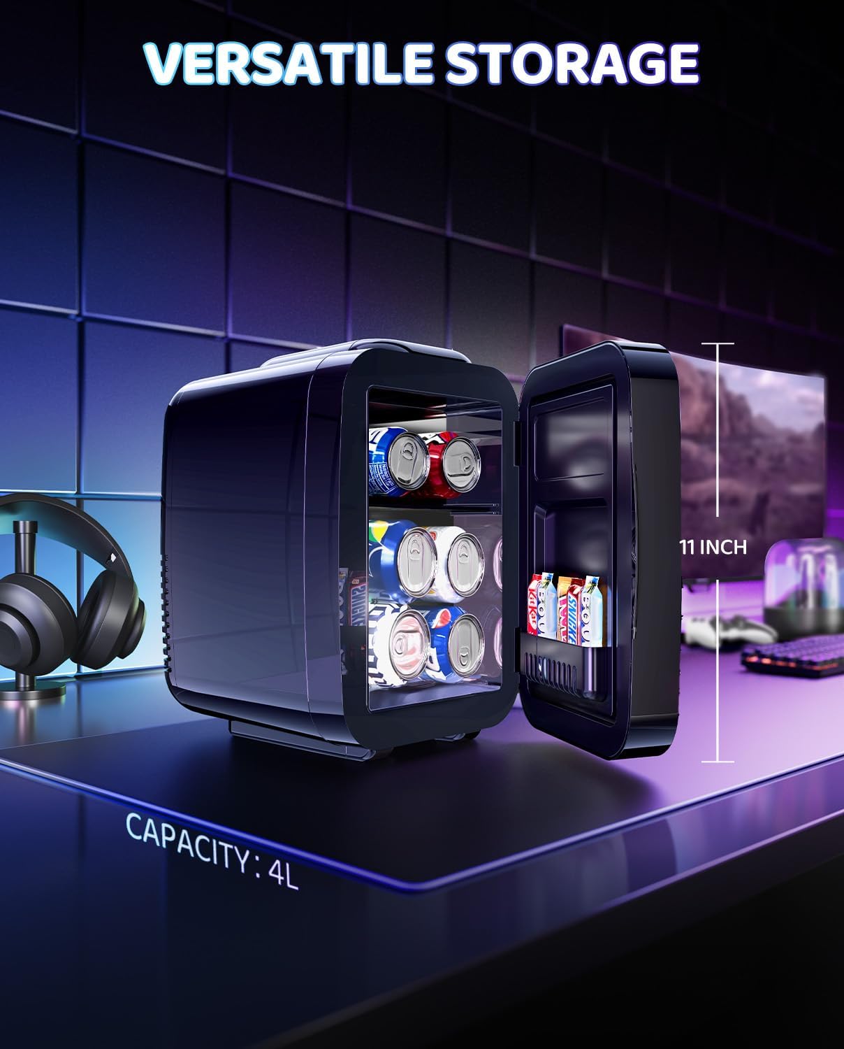 MF01C Mini Fridge, 7 Light Modes With Running Light Mode, 4 Liter/6 Cans, Quiet Cooling & Retention Function, AC/DC Power, Gaming Mini Fridge for Bedrooms, Office and Car