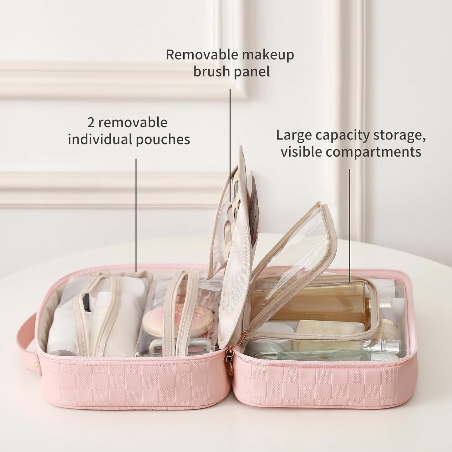 RIGHT AWAY Travel Toiletry Bag for Women, Waterproof Makeup Bag&Case, Portable Cosmetic Organizer Checkered Make up Bag for Full Sized Toiletries,Cosmetics and Travel-Size Accessories,Pink Checkered