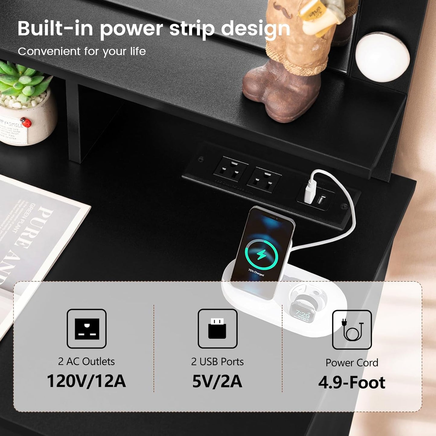 Quimoo Makeup Vanity with 10 Light Bulbs and Charging Station, Vanity Desk with Lighted Mirror & 4 Drawers, Vanity Table Set with Cushioned Stool, Black