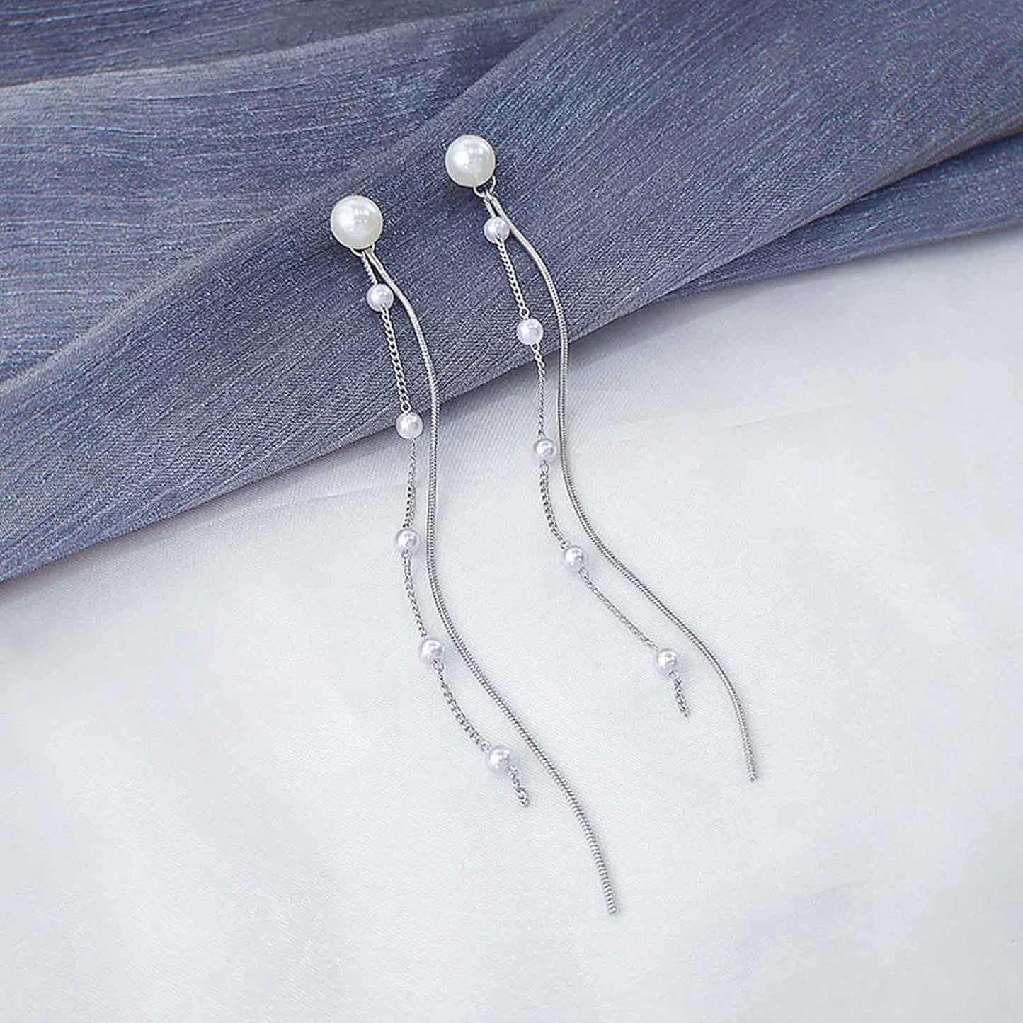 Vintage Pearl Dangle Earrings Long Pearl Chain Earrings Silver Pearl Tassel Drop Earrings Tiny Pearl Bridal Earrings Jewelry for Women