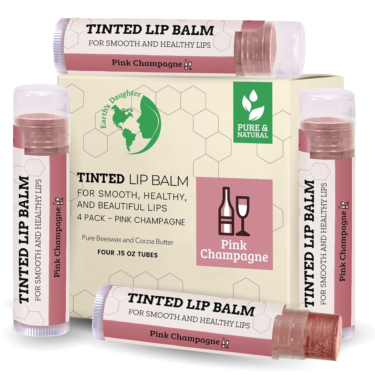 Earth's Daughter Tinted Lip Balm 4-Pack of Pink Champagne Color - Beeswax, Coconut Oil, Cocoa Butter, Vitamin - Moisturize and Beautify - Paraben Free