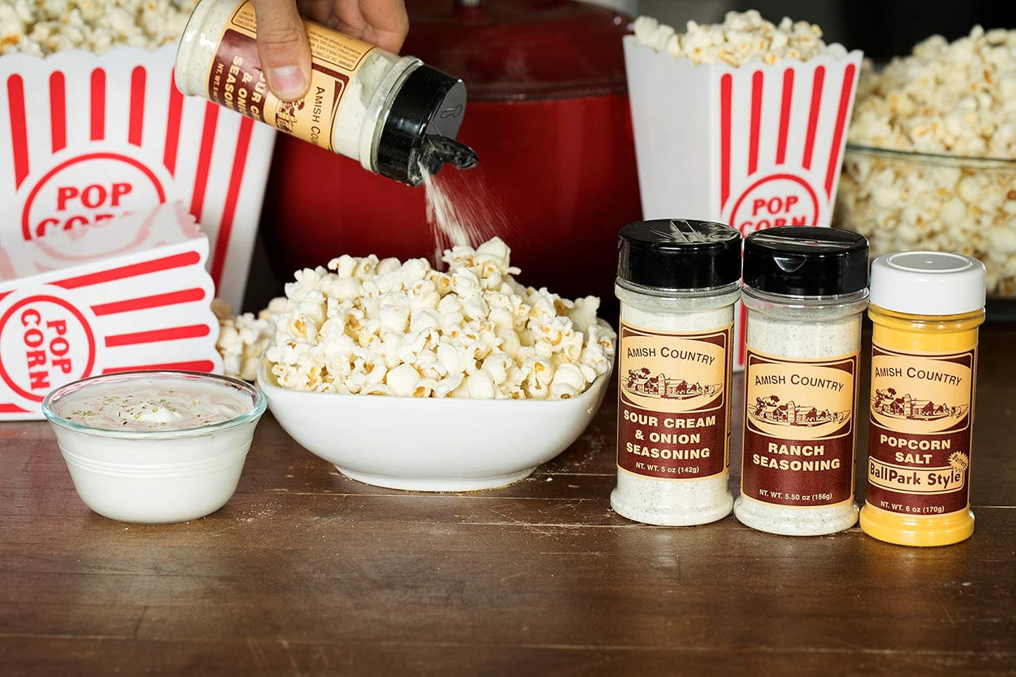 Amish Country Popcorn | Seasoning Variety Pack | Ballpark Style ButterSalt - 5.5 oz, Ranch - 5.5 oz & Sour Cream and Onion - 4.7 oz Popcorn Seasoning | Old Fashioned, Non-GMO and Gluten Free