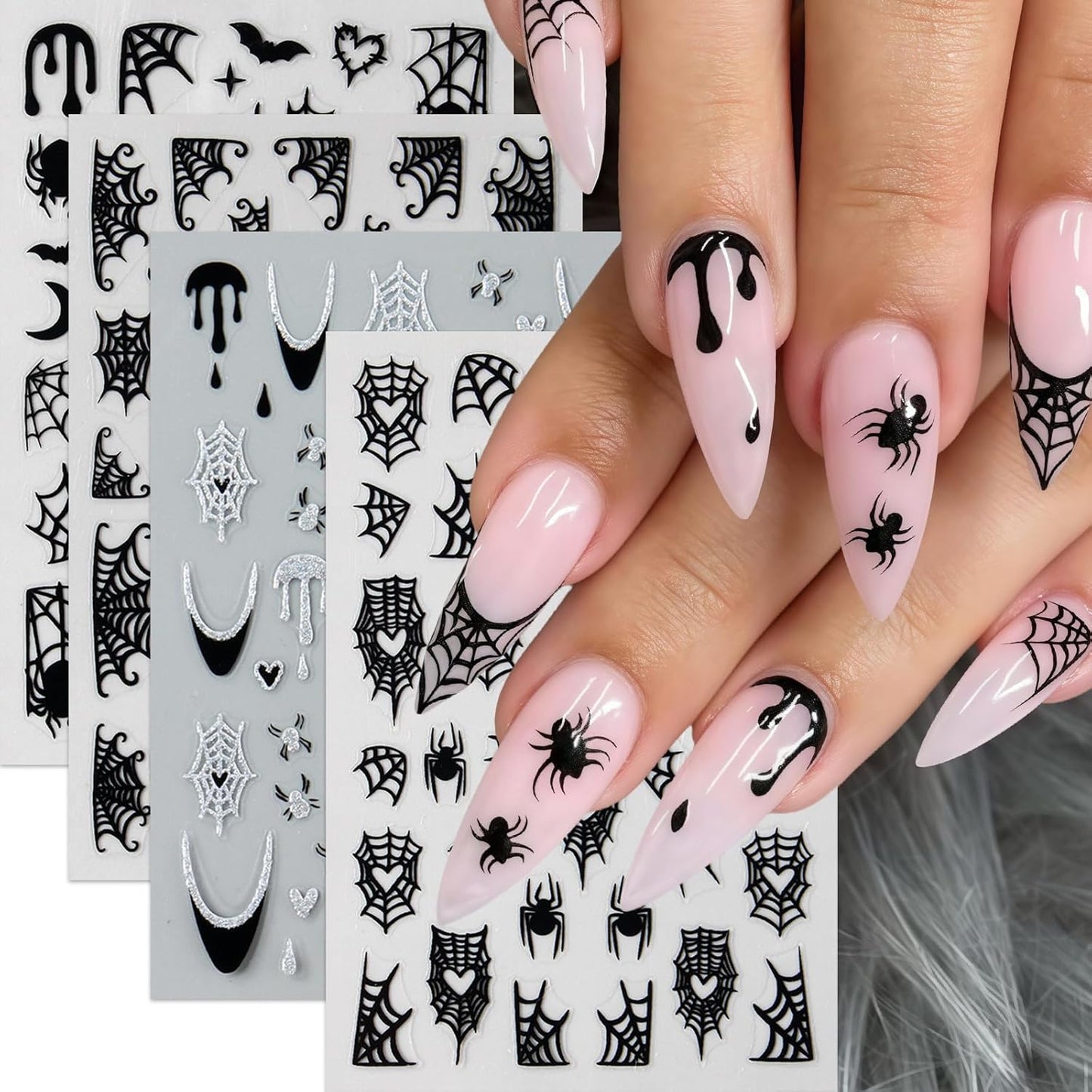 6 Sheets Halloween Spider Web Nail Stickers Spider Nail Stickers for Nail Art 3D Self-Adhesive Ghost Nail Decals Black White Spiders Web Bat Silver Glitter Black French Nails Design Supplies for Women