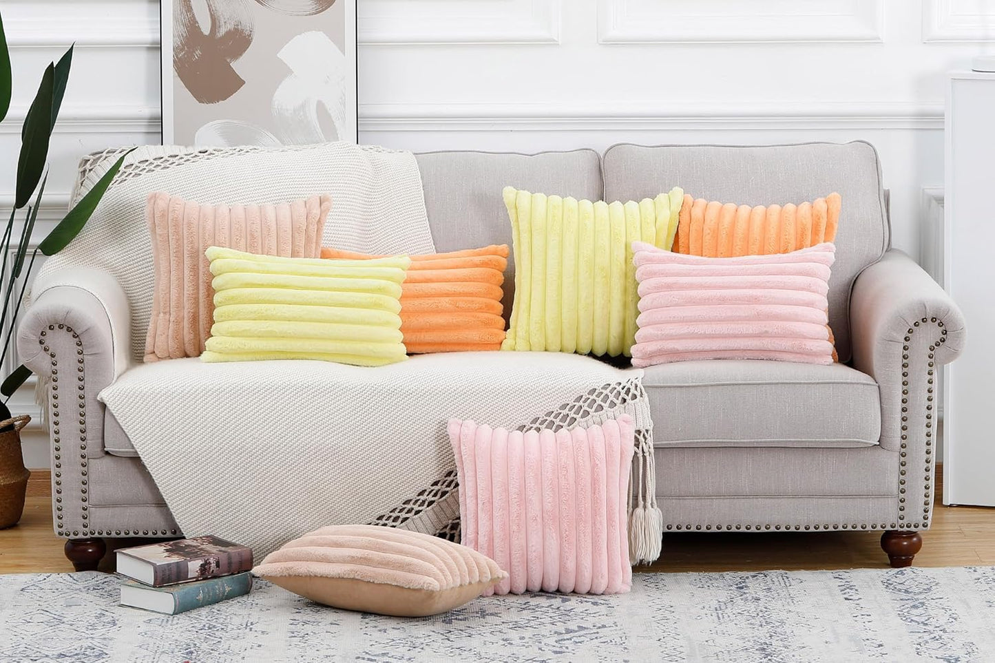 MADIZZ Set of 2 Faux Wool Plush Decorative Throw Pillow Covers 16x16 Inch Pink Fluffy Striped Soft Decorative Cushion Cover for Sofa Bedroom Pillow Shell