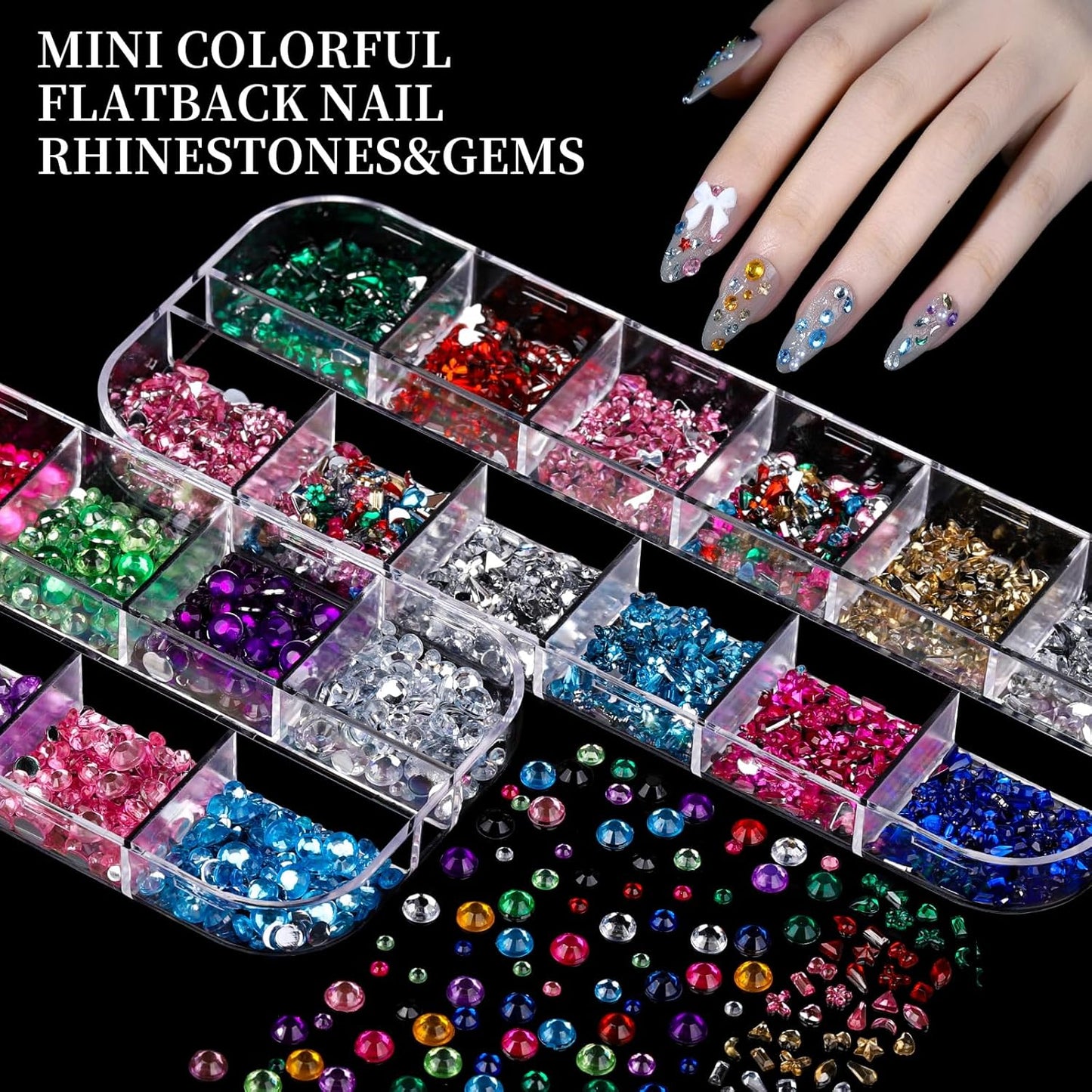FANDAMEI Nail Charms, 8-Box Nail Charms and Gems, Fruit Bow Hawaii Flowers Petals 3D Nail Art Charms Bulk, Colorful Bubble Beads Nail Rhinestones, Gold Studs Flatback Nail Pearls for DIY