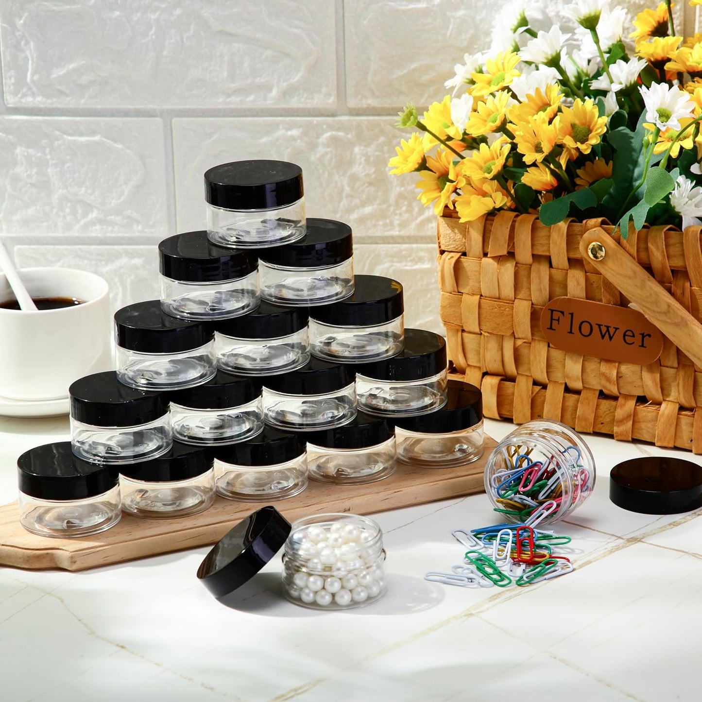 SATINIOR 100 Pcs Plastic Jars with Lids Small Containers Lids Wide Mouth Small Plastic Containers for Lotion Cream Rhinestones Body Butters Travel Storage(6 oz,Black)