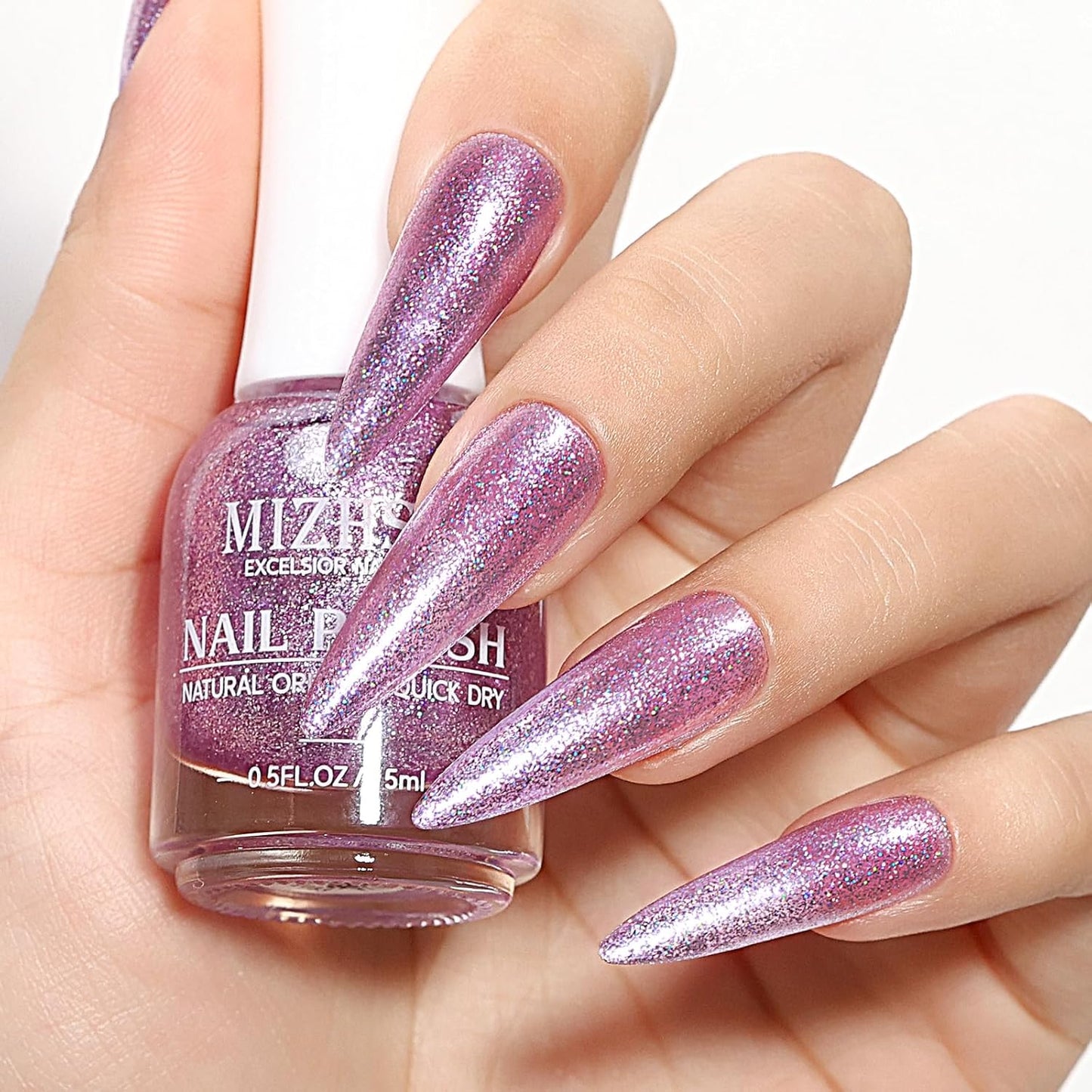MIZHSE Quick Dry Glitter Purple Nail Polish, Shimmery Nail Polish Air Drying Fast, 15ml High Glossy Sparkly Shiny Nail Art Salon Manicure Home
