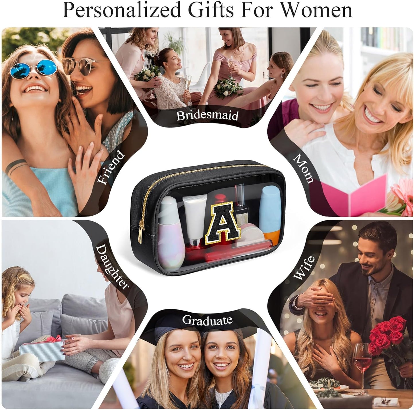 YOOLIFE Travel Toiletry Bag for Women, Black Clear Makeup Organizer, Cute Cosmetic Bags for Skincare, Birthday Gifts for Teacher Mother Girlfriend Initial H