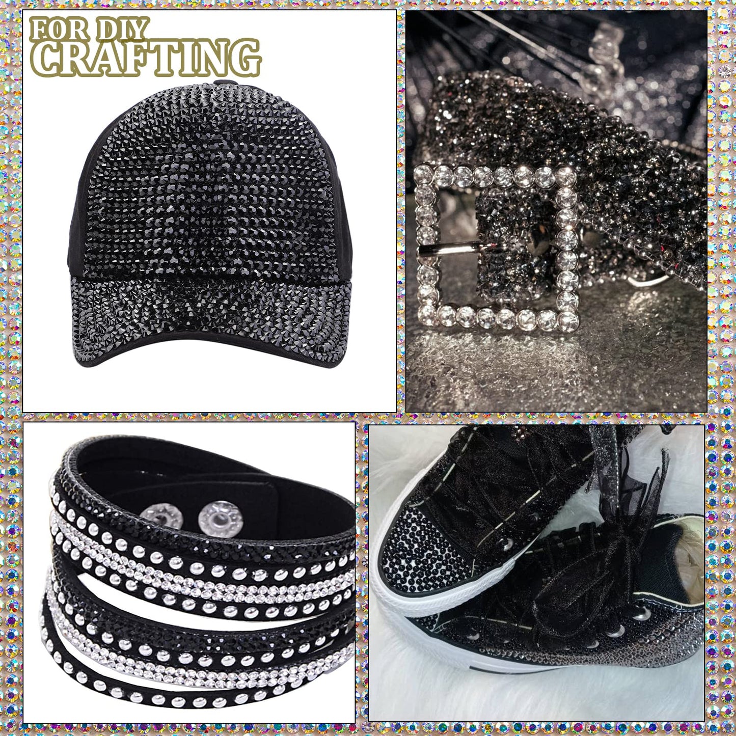 One Pack 2000 Pcs of Flatback Round Black Rhinestones 6 Sizes (1.5-6 mm) with Nail Art Rhinestone Picker Pencil and Tweezers for DIY and Salon Use