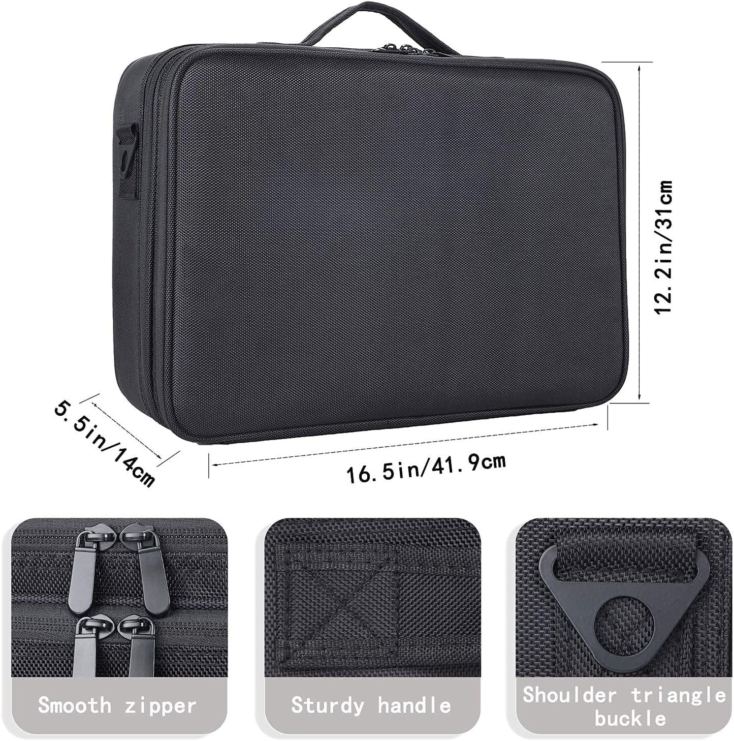 JOURMON Travel Makeup Case Portable Makeup Train Case Organizer Cosmetic Bag with Adjustable Dividers and Shoulder Strap for Makeup Brushes Toiletry Travel Accessories(Pure Black, L)