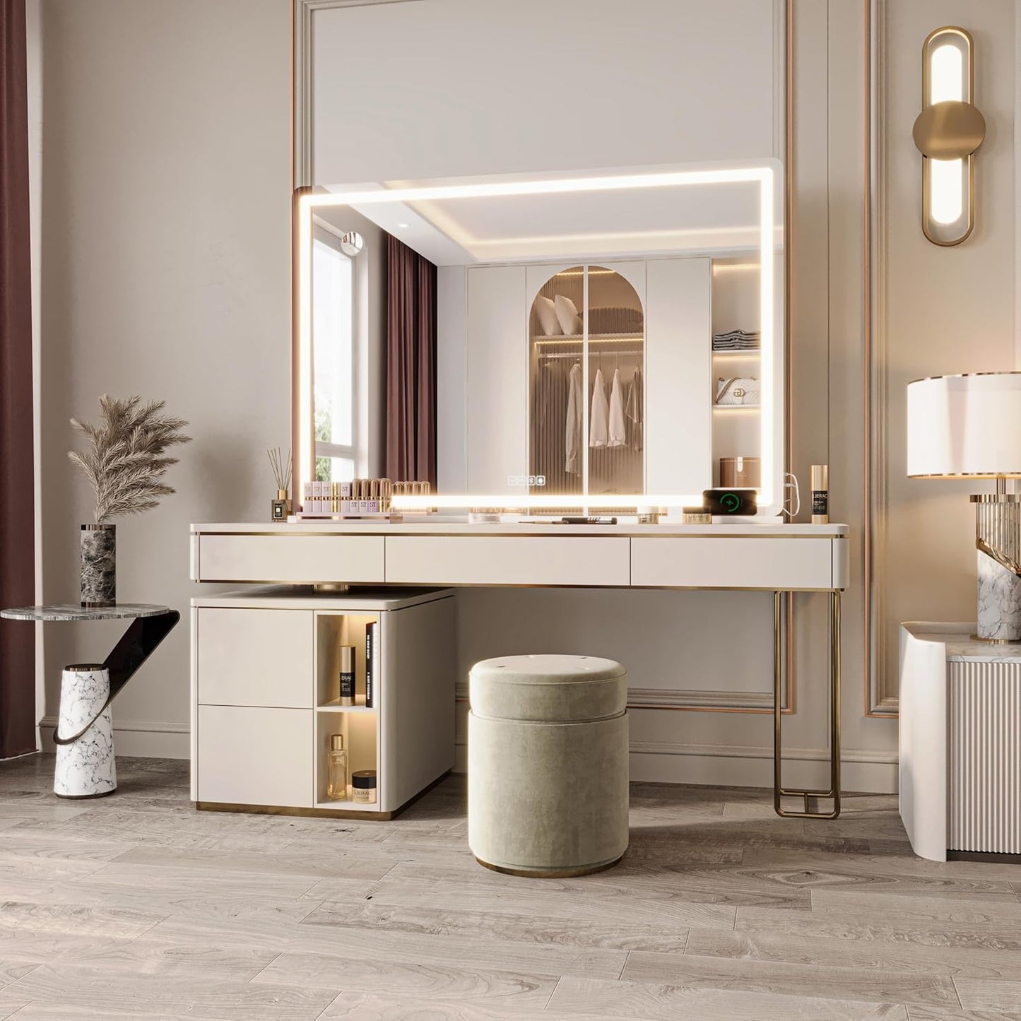 Hasipu Vanity Mirror with Lights and Bluetooth Speaker, 41.3" x 29.5" LED Makeup Mirror, Lighted Makeup Mirror with Dimmable 3 Modes, Touch Screen Control Vanity Mirror Round White