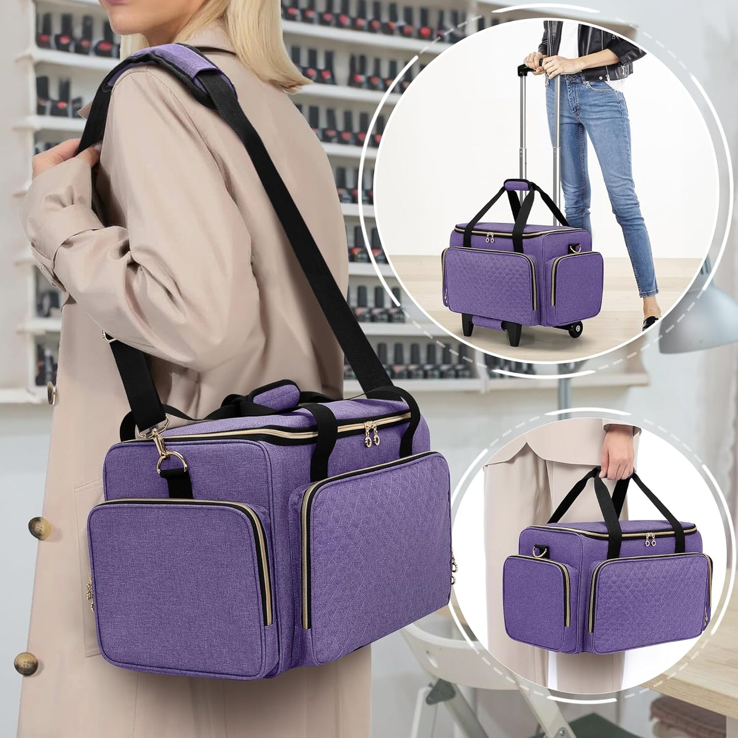 LUXJA Rolling Makeup Case with 3 Removable Pouches and 1 Makeup Brush Bag, Large Makeup Bag Cosmetic Bag with Detachable Dolly (Patented), Purple