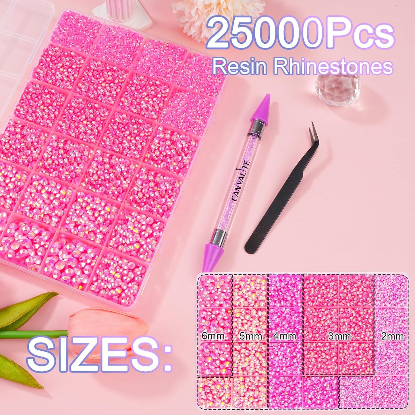 Canvalite 25000PCS Resin Jelly Rhinestones for Crafting,Hot Pink AB Flatback Gems, Bedazzling Crystal with 5x2.5g B7000 Jewelry Glue and Tweezers Dotting Pen for DIY Crafts Clothing Shoes Nail Art