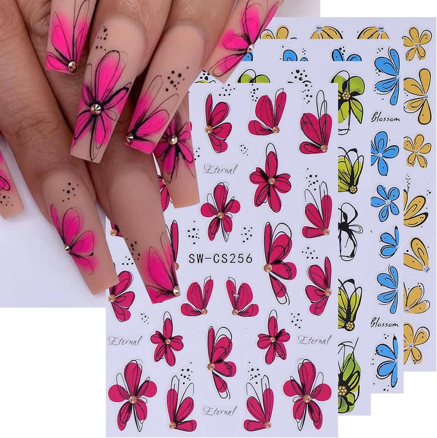 Flower Petal Nail Art Sticker 12 PCS Simple French Floral Nail Decals Lily Orchid Leaves Flamingo Designs with Tweezers Hot Pink Blue Purple Green Flower Sliders Nail Art Decoration DIY Accessories