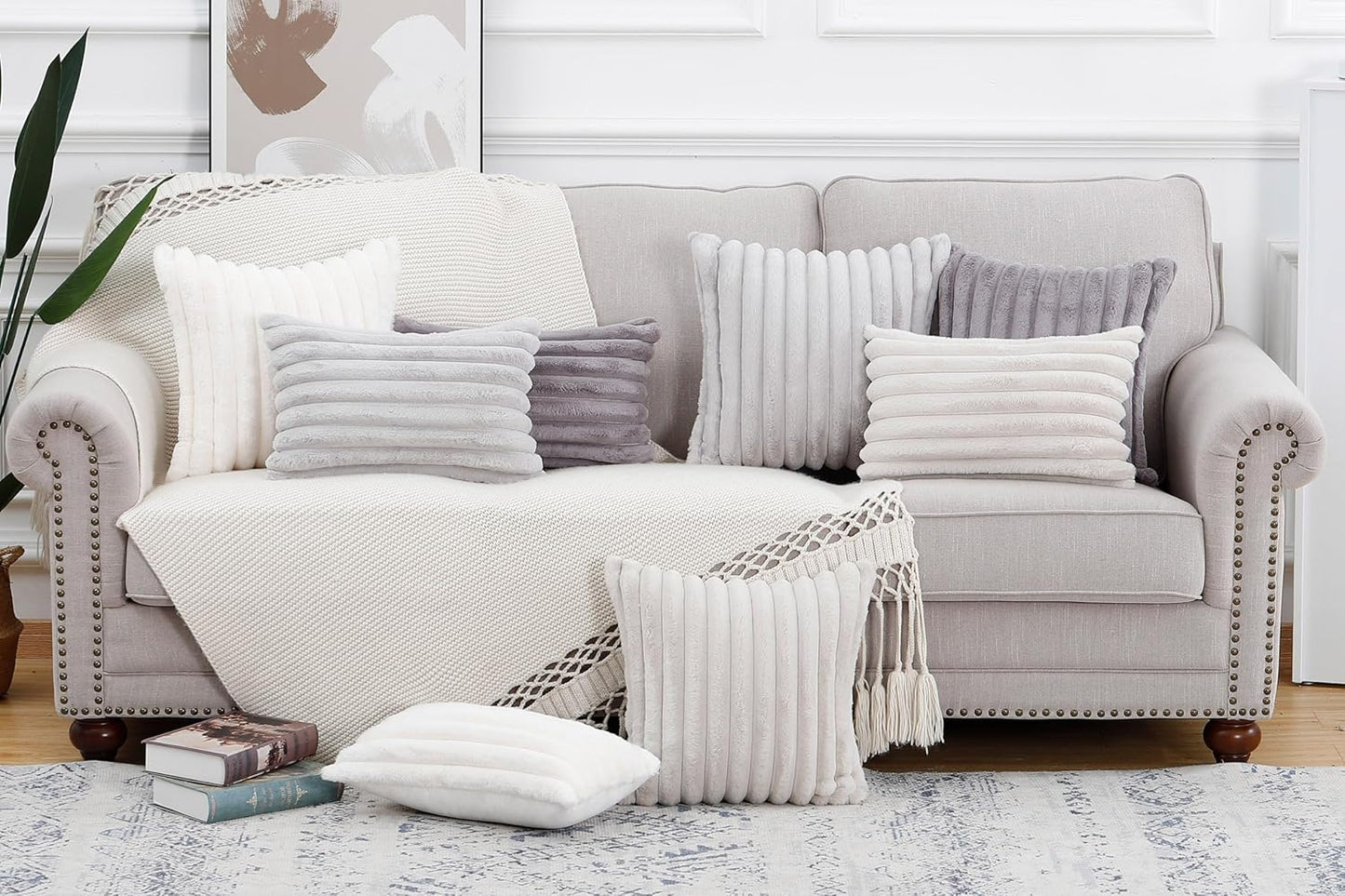 MADIZZ Set of 2 Faux Wool Plush Decorative Throw Pillow Covers 22x22 Inch Light Grey Fluffy Striped Soft Decorative Cushion Cover for Sofa Bedroom Pillow Shell