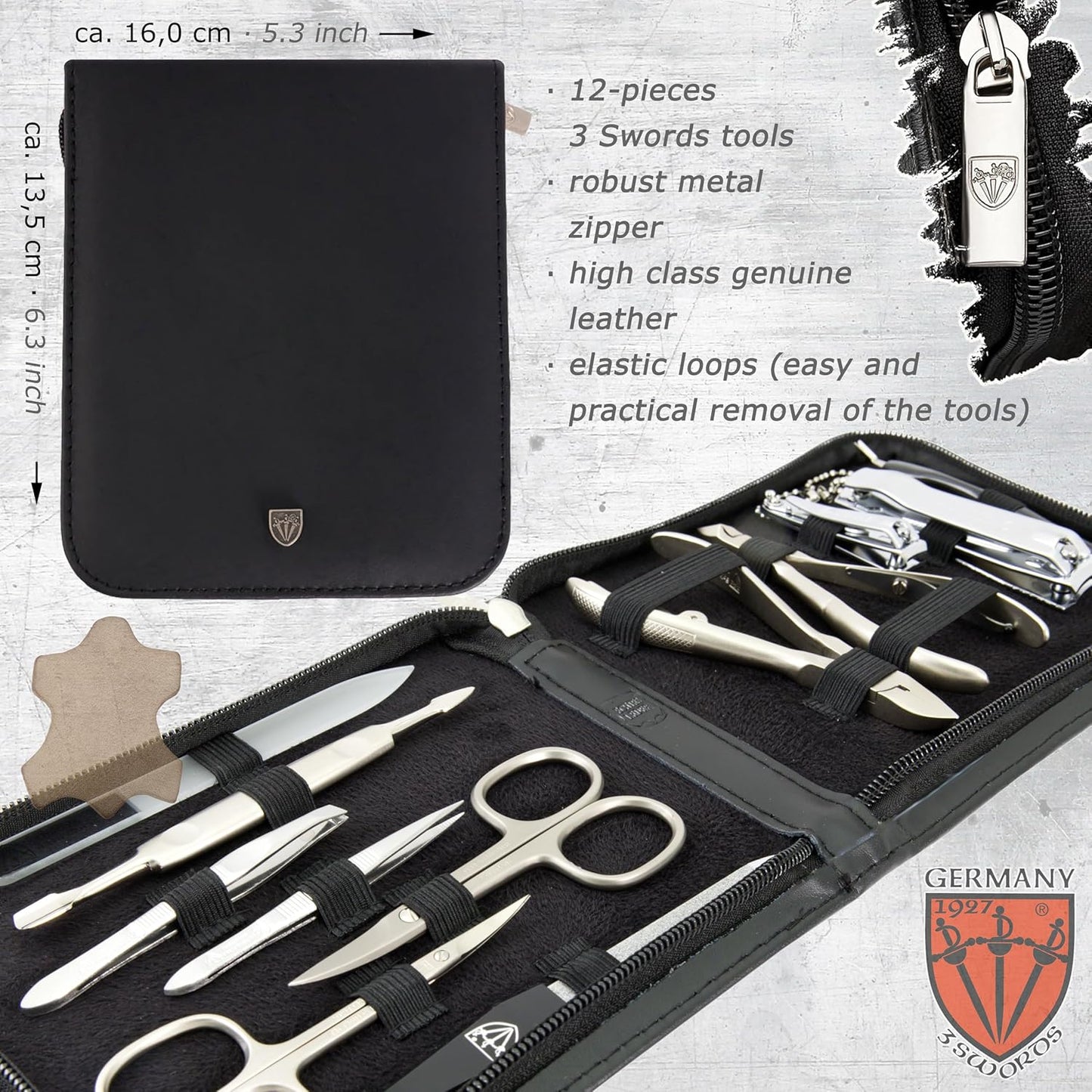 3 Swords Germany - brand quality 12 piece manicure pedicure grooming kit set for professional finger & toe nail care with black genuine leather case - Made in Germany