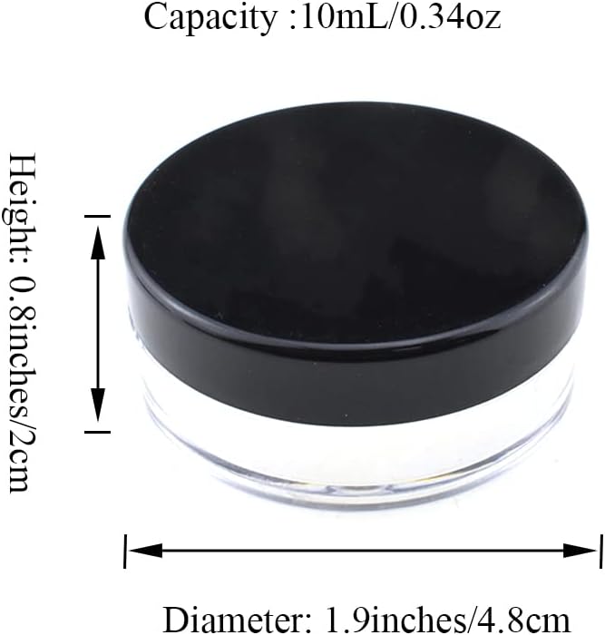 HAHIYO 4pcs 10ml/0.34oz Plastic Empty Travel Compact Case Makeup Cosmetic Jar Refillable Powder Box No Leak Holder with Rotatable Sifter and Black Screw Lid