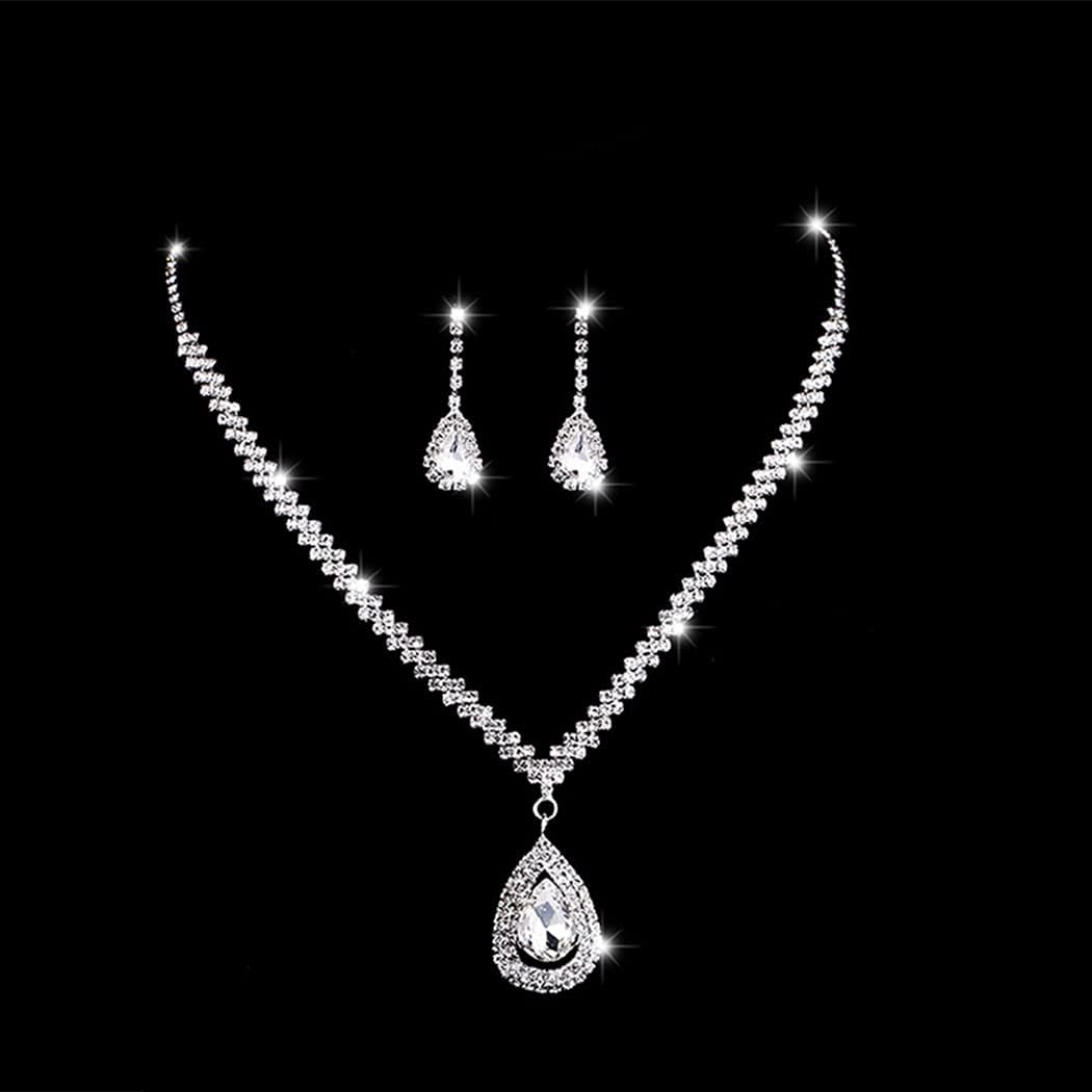Bride Silver Necklace Earrings Set Rhinestone Wedding Jewelry Set Crystal Choker Necklace for Women