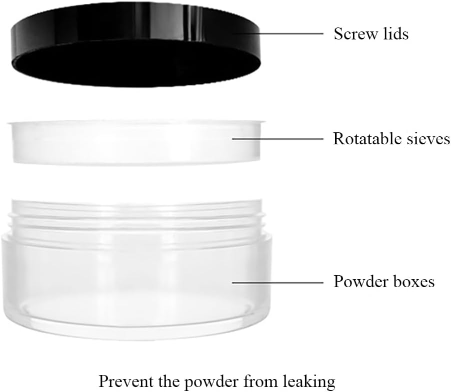HAHIYO 1Pcs 10ml/0.34oz Plastic Empty Travel Compact Case Makeup Cosmetic Jar Refillable Powder Box No Leak Powder Holder with Rotatable Sifter and Black Screw Lid